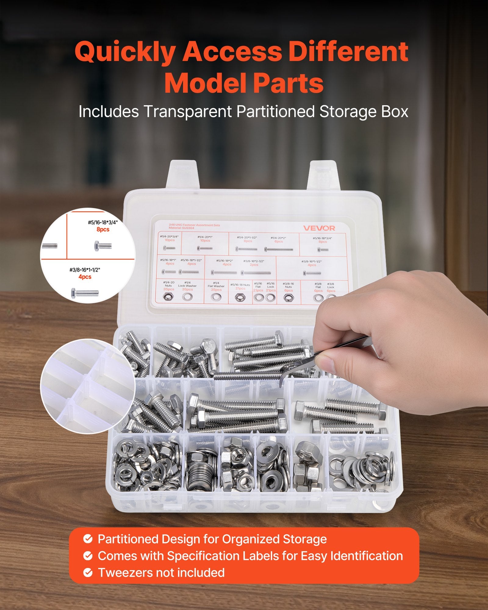 246 Pcs Bolts and Nuts Assortment Kit, Imperial Screws and Flat Washers, Stainless Steel V952-LMHLSTZYZLJBGVF6F001V0