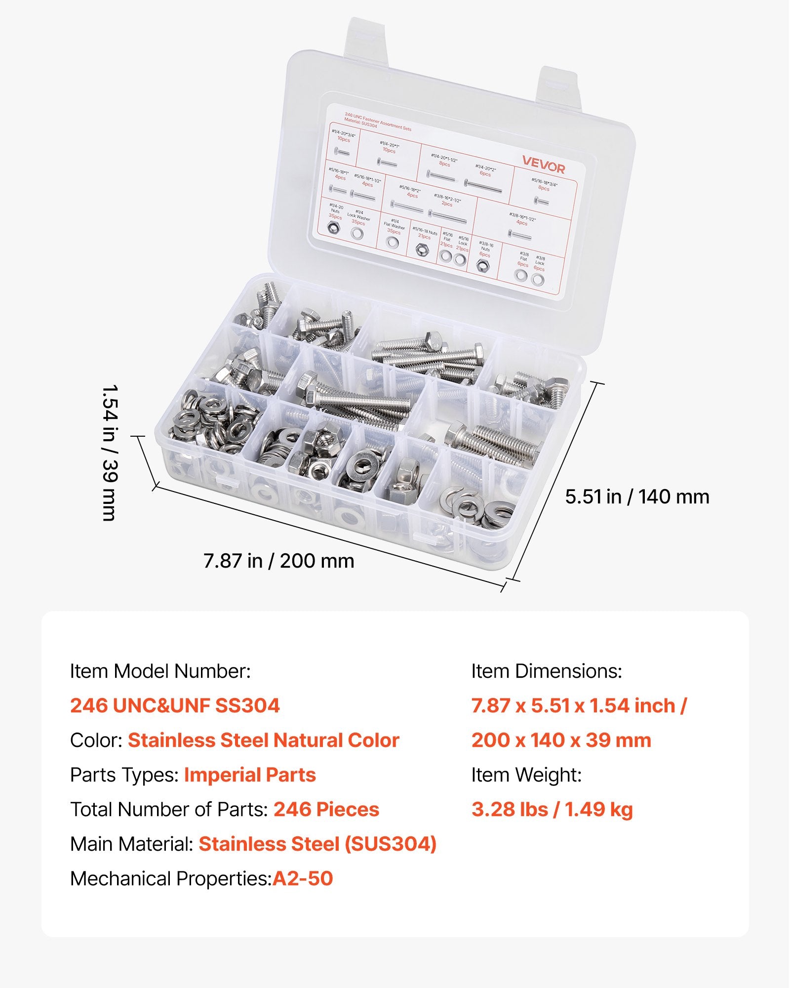 246 Pcs Bolts and Nuts Assortment Kit, Imperial Screws and Flat Washers, Stainless Steel V952-LMHLSTZYZLJBGVF6F001V0