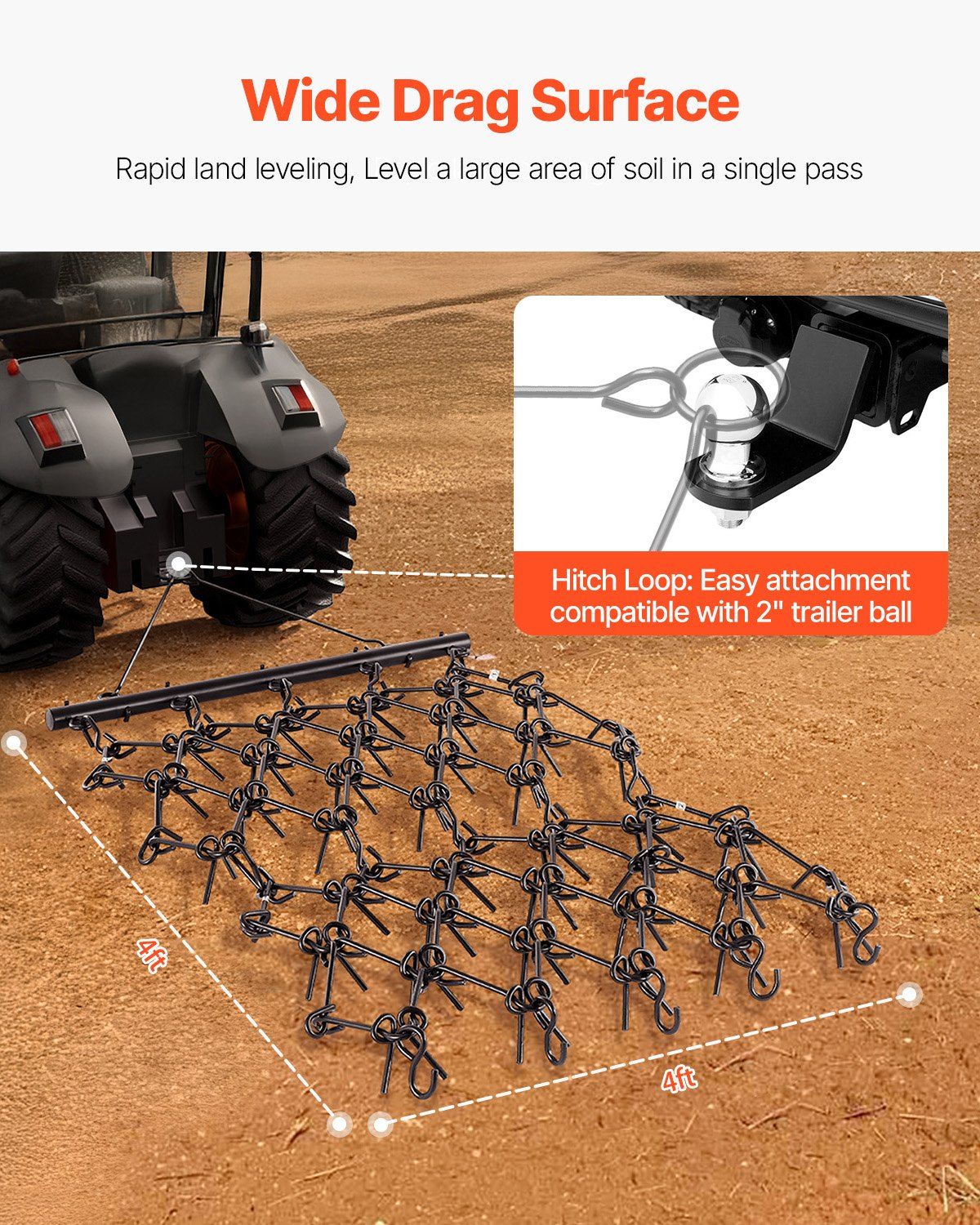 Drag Harrow, 1.2x1.2 m Durable Chain Harrow with 69 Sharp Teeth, Suitable for ATV UTV Tractor, Ideal for Soil V952-LP44FTDPK0002OK0ZV0