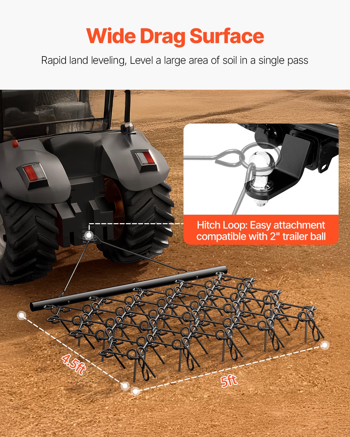 Drag Harrow, 5 x 4.5 ft Durable Chain Harrow with 60 Sharp Teeth, Suitable for ATV UTV Tractor, Ideal for V952-LP545FTGDK00K6HARV0