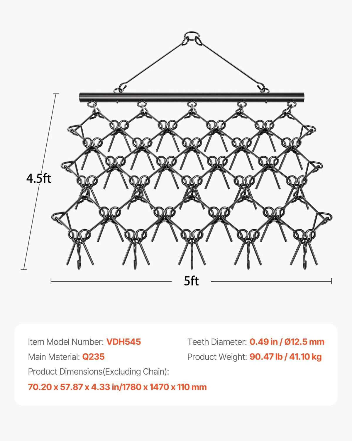 Drag Harrow, 5 x 4.5 ft Durable Chain Harrow with 60 Sharp Teeth, Suitable for ATV UTV Tractor, Ideal for V952-LP545FTGDK00K6HARV0