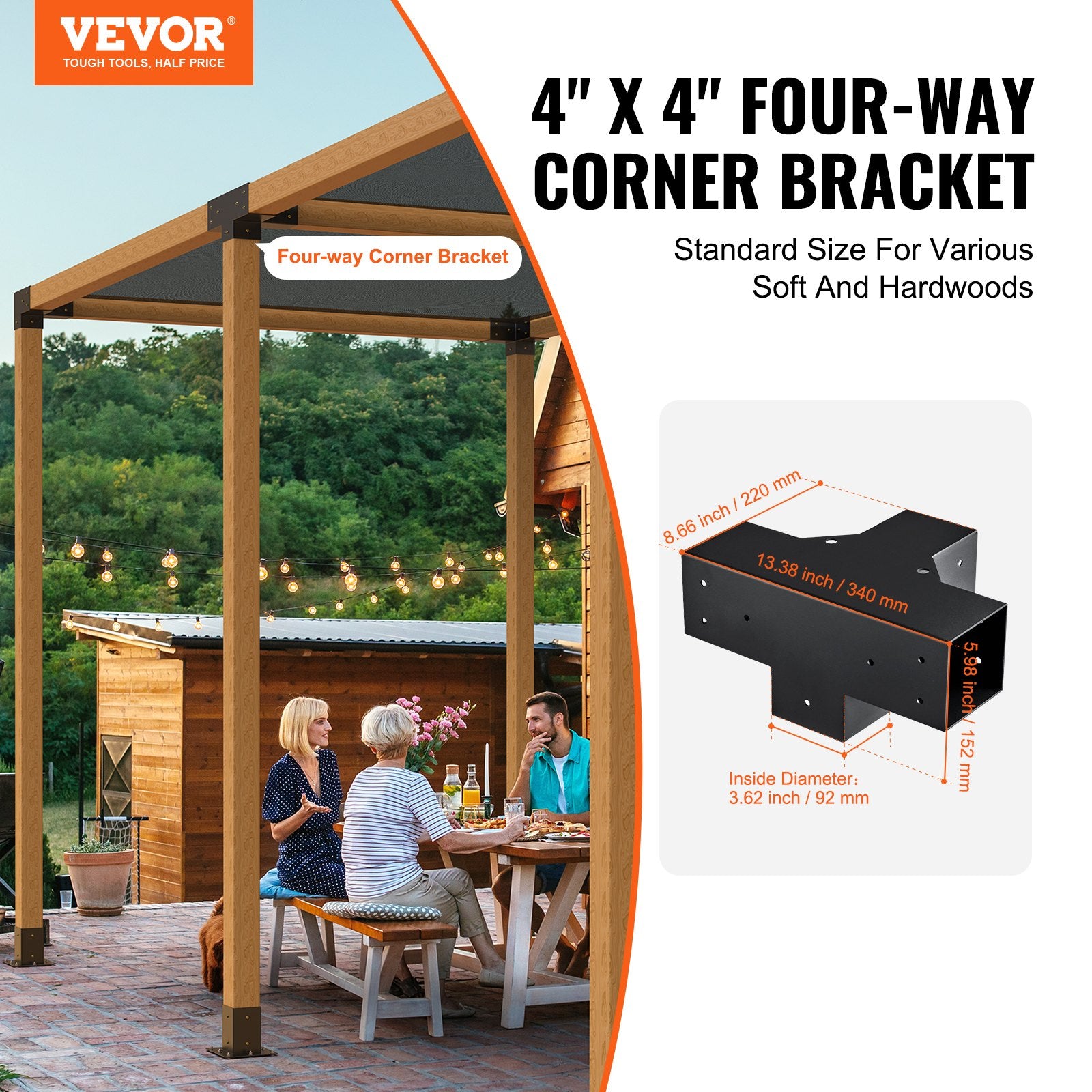 Pergola Bracket Kit 4''x4''(Inner Size 3.6x3.6), 2pcs 4-Way Heavy Duty Corner Bracket Woodworks DIY Post Base V952-LPJJST2PCS4XSCD6IV0