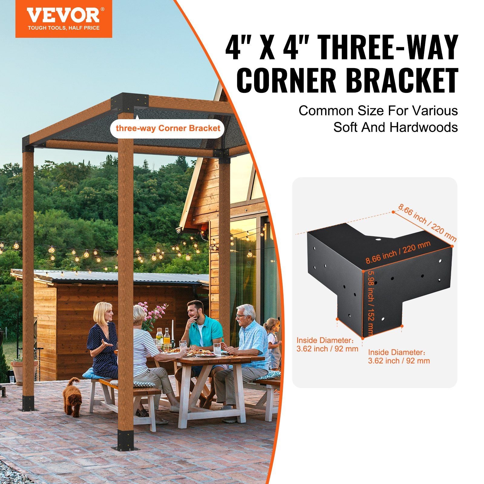 Pergola Bracket Kit 4''x4''(Inner Size 3.6x3.6), 4pcs 3-Way Heavy Duty Corner Bracket Woodworks DIY Post Base V952-LPJJST4PCS4X7SP6AV0