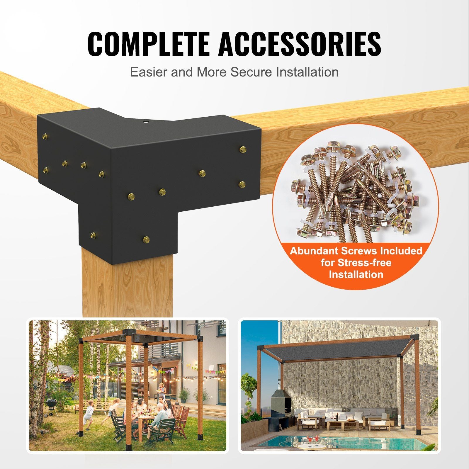 Pergola Bracket Kit 4''x4''(Inner Size 3.6x3.6), 4pcs 3-Way Heavy Duty Corner Bracket Woodworks DIY Post Base V952-LPJJST4PCS4X7SP6AV0