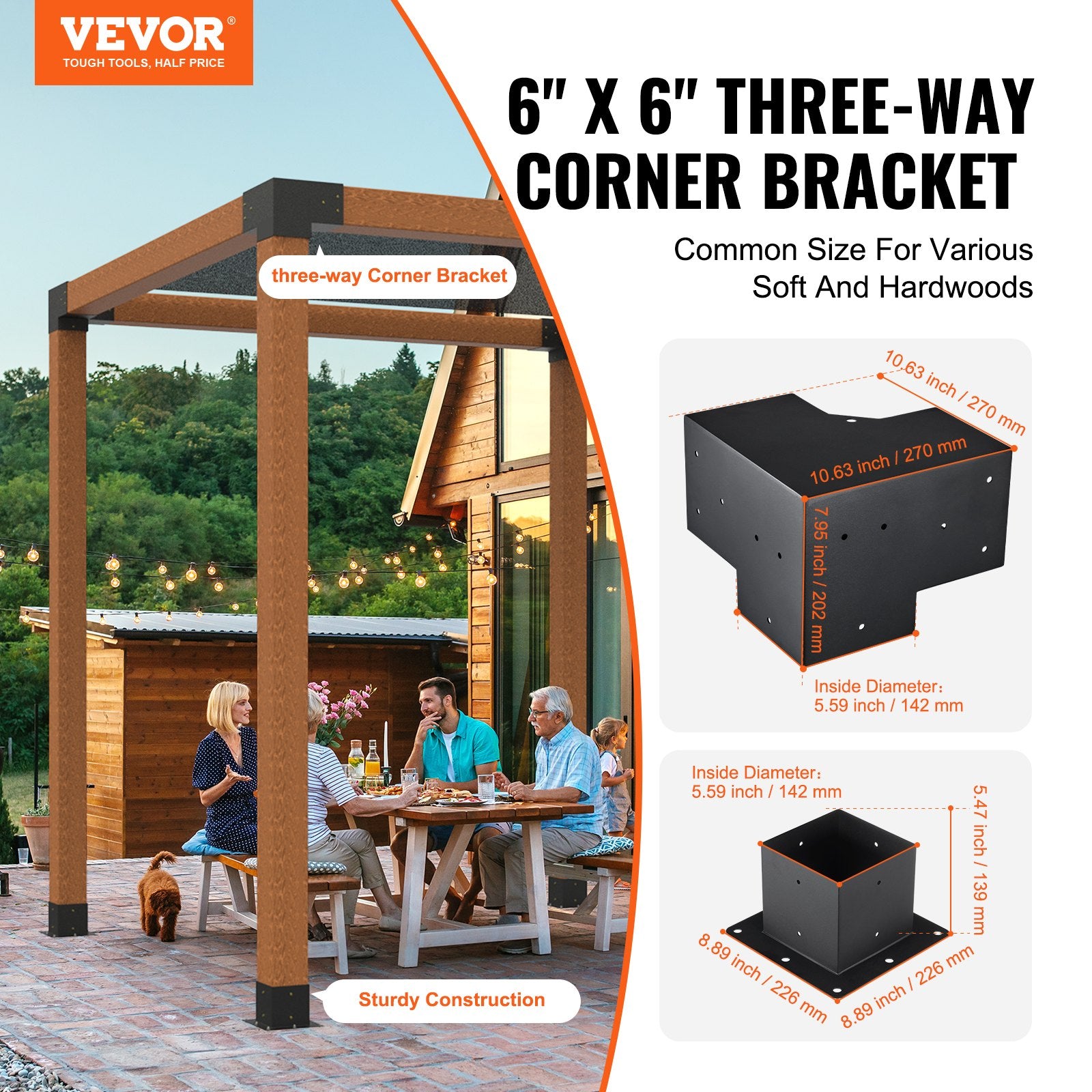 Pergola Bracket Kit 152.4 x 152.4 mm, 8pcs 3-Way Heavy Duty Corner Bracket Woodworks DIY Post Base, Easy V952-LPJJTZST8PCS31NS1V0
