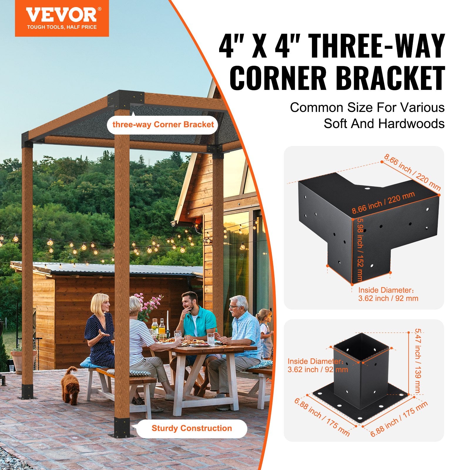 Pergola Bracket Kit 4''x4''(inner 3.6''x3.6''), 8pcs (4pcs 3-Way,4pcs Base) Heavy Duty Corner Bracket V952-LPJJTZST8PCSB815IV0