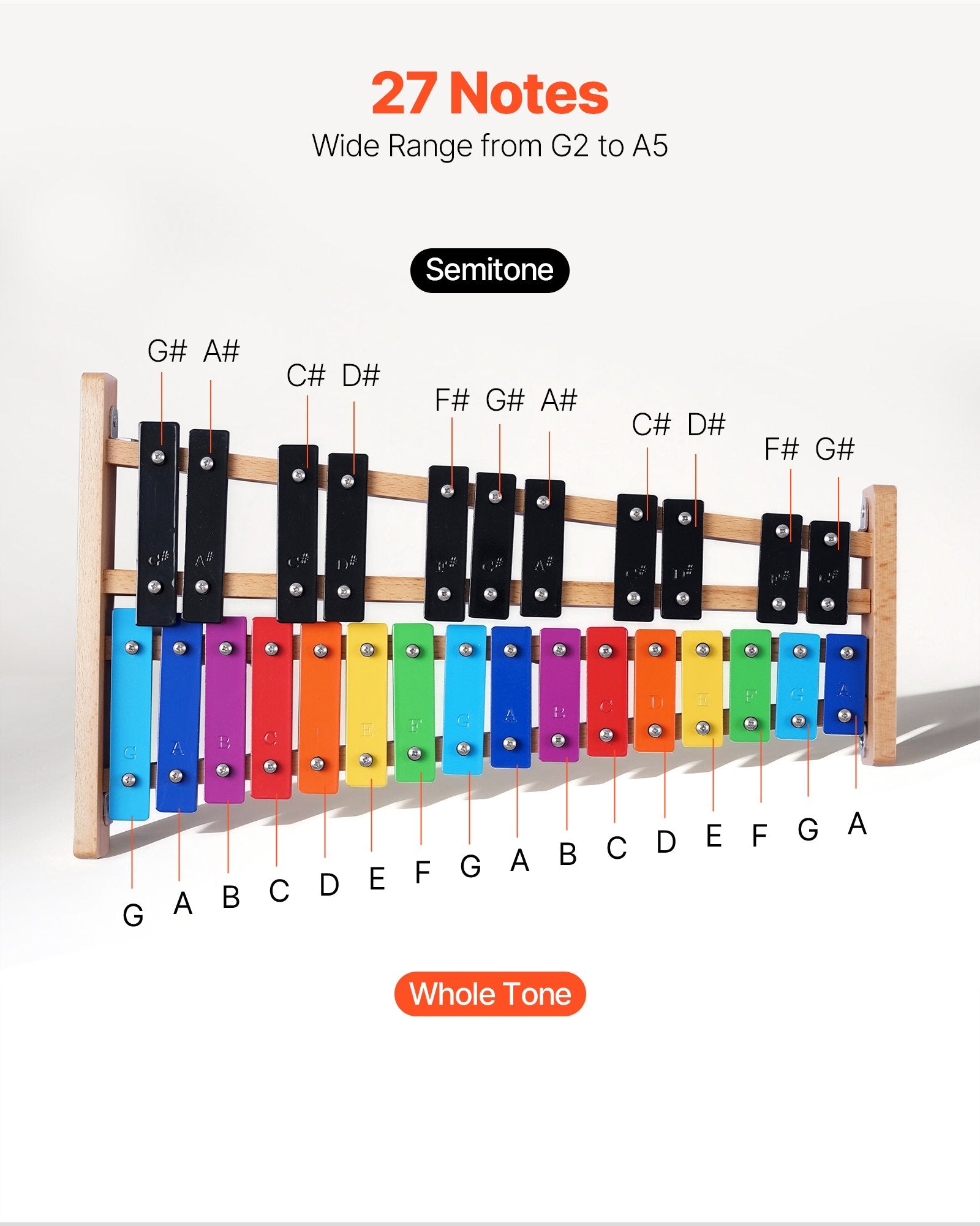 Glockenspiel Xylophone, 27 Notes, Professional Xylophone Percussion Instrument, with Colorful Metal Keys, V952-LPZQ27YFCSWZ4I7P9001V0