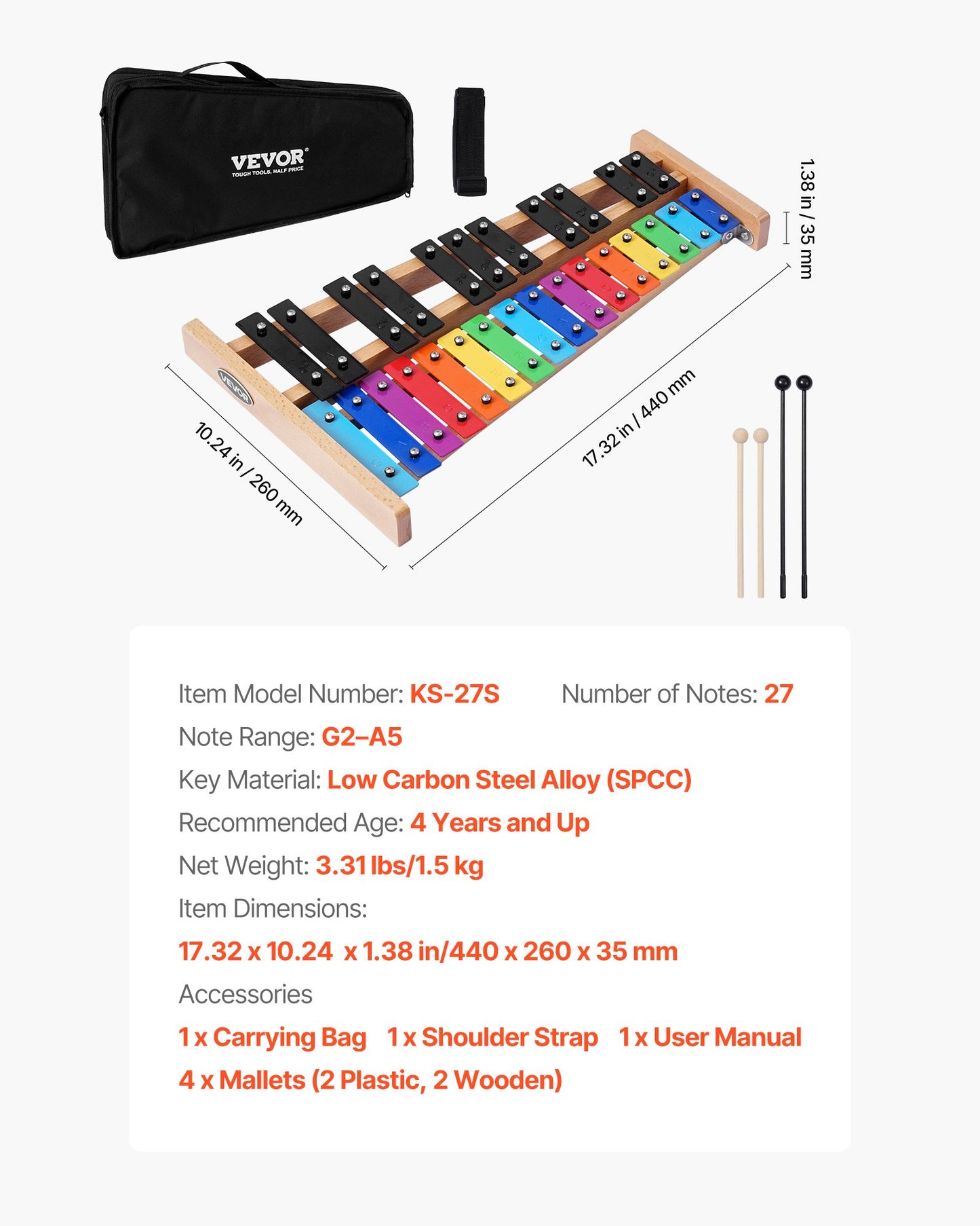 Glockenspiel Xylophone, 27 Notes, Professional Xylophone Percussion Instrument, with Colorful Metal Keys, V952-LPZQ27YFCSWZ4I7P9001V0