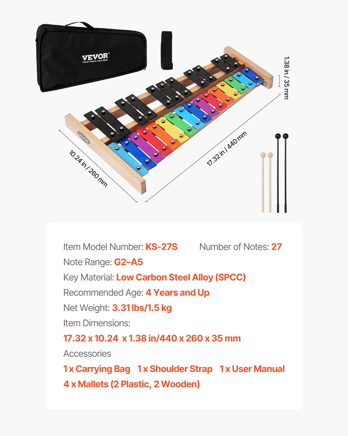 Glockenspiel Xylophone, 27 Notes, Professional Xylophone Percussion Instrument, with Colorful Metal Keys, V952-LPZQ27YFCSWZ4I7P9001V0