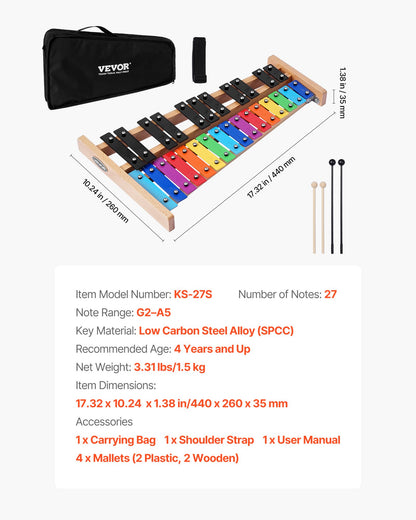 Glockenspiel Xylophone, 27 Notes, Professional Xylophone Percussion Instrument, with Colorful Metal Keys, V952-LPZQ27YFCSWZ4I7P9001V0