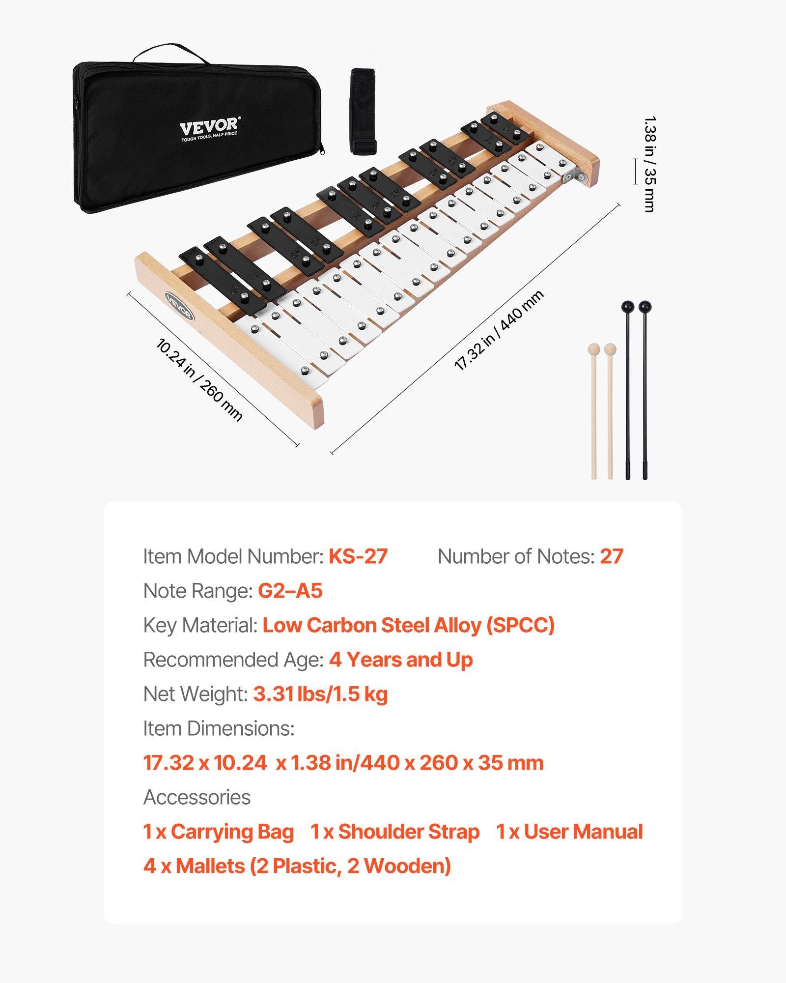 Glockenspiel Xylophone, 27 Notes, Professional Xylophone Percussion Instrument, with Metal Keys, Includes 4 V952-LPZQHBSWZJ27ZB5YD001V0