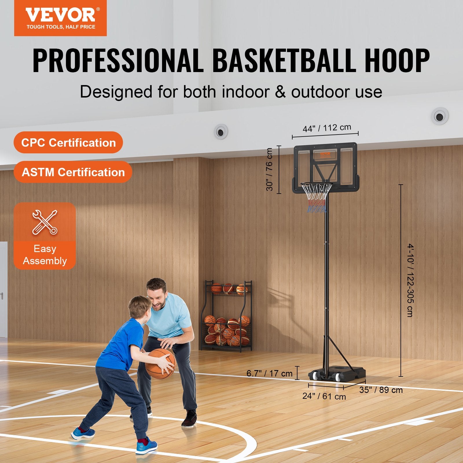 Basketball Hoop, 4-10 ft Adjustable Height Portable Backboard System, 44 inch Basketball Hoop & Goal, Kids & V952-LQK44CKWDJ00OBGUSV0