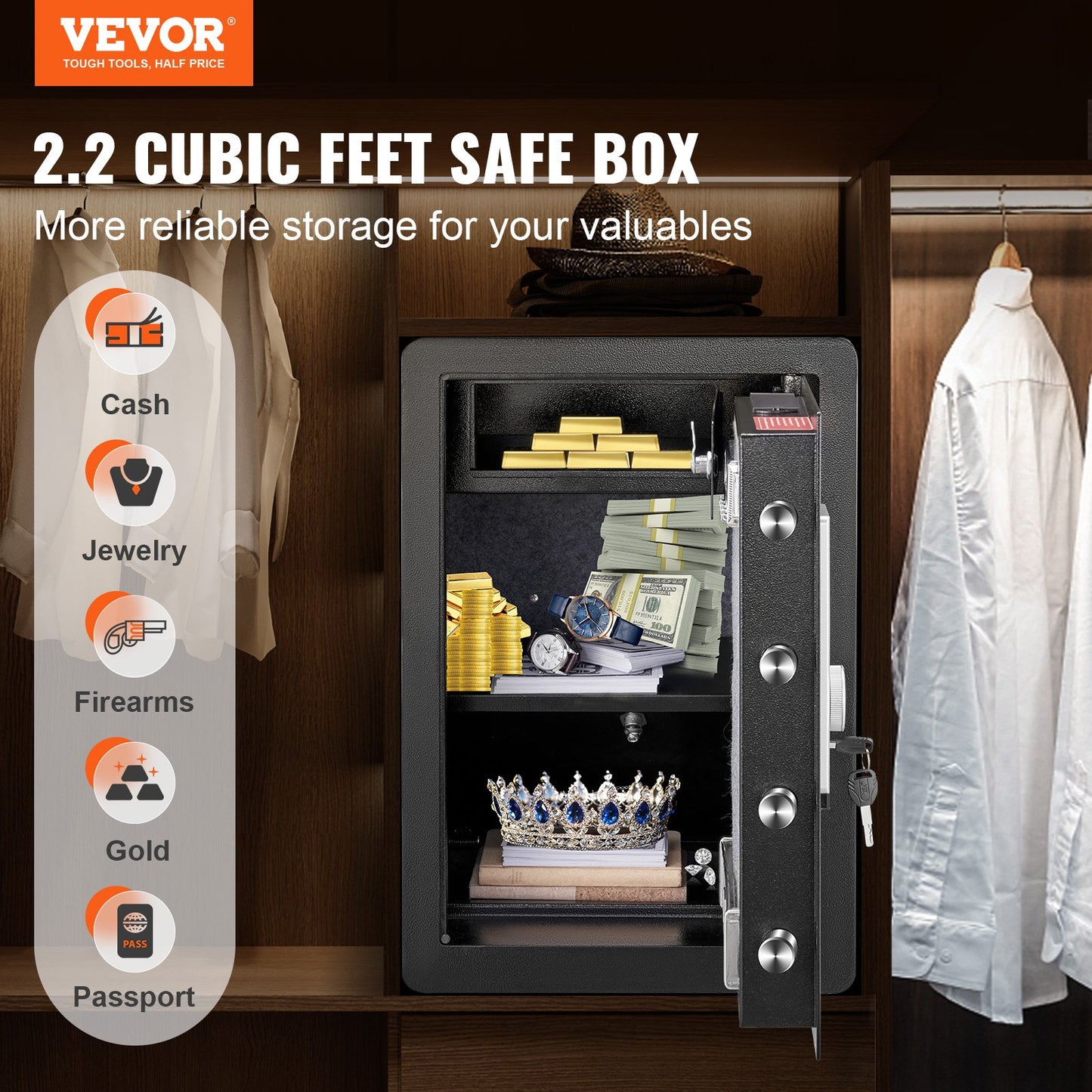 Safe 2.2 Cubic Feet Home Safe Steel for Cash Gold 15.75x13x23.6 inch V952-LSBXXHSLSLF22HXMIV0