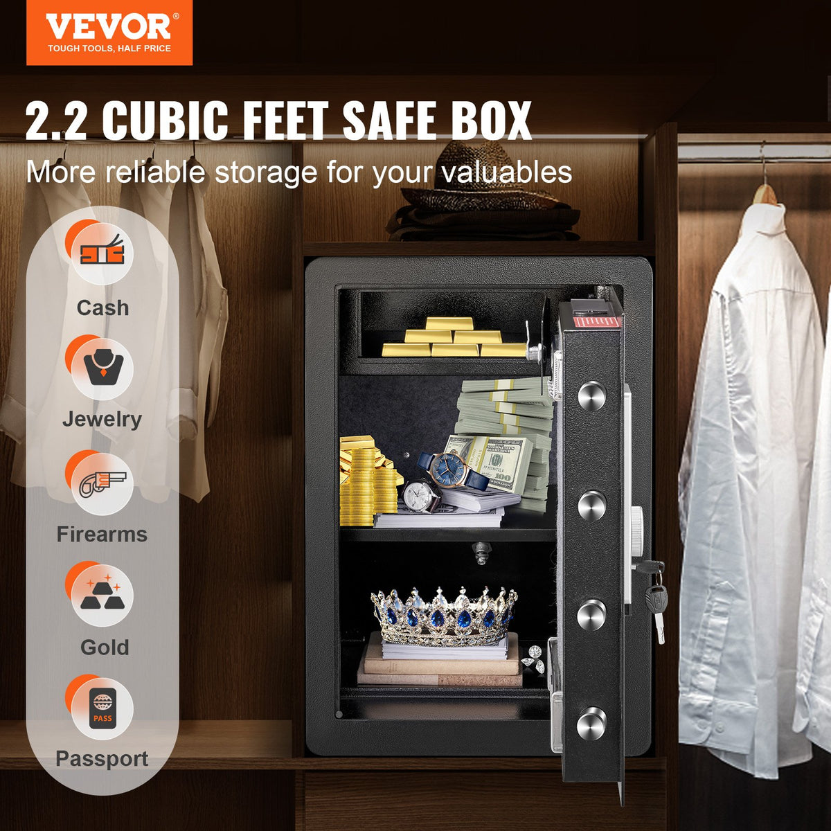 Safe 2.2 Cubic Feet Home Safe Steel for Cash Gold 15.75x13x23.6 inch V952-LSBXXHSLSLF22HXMIV0