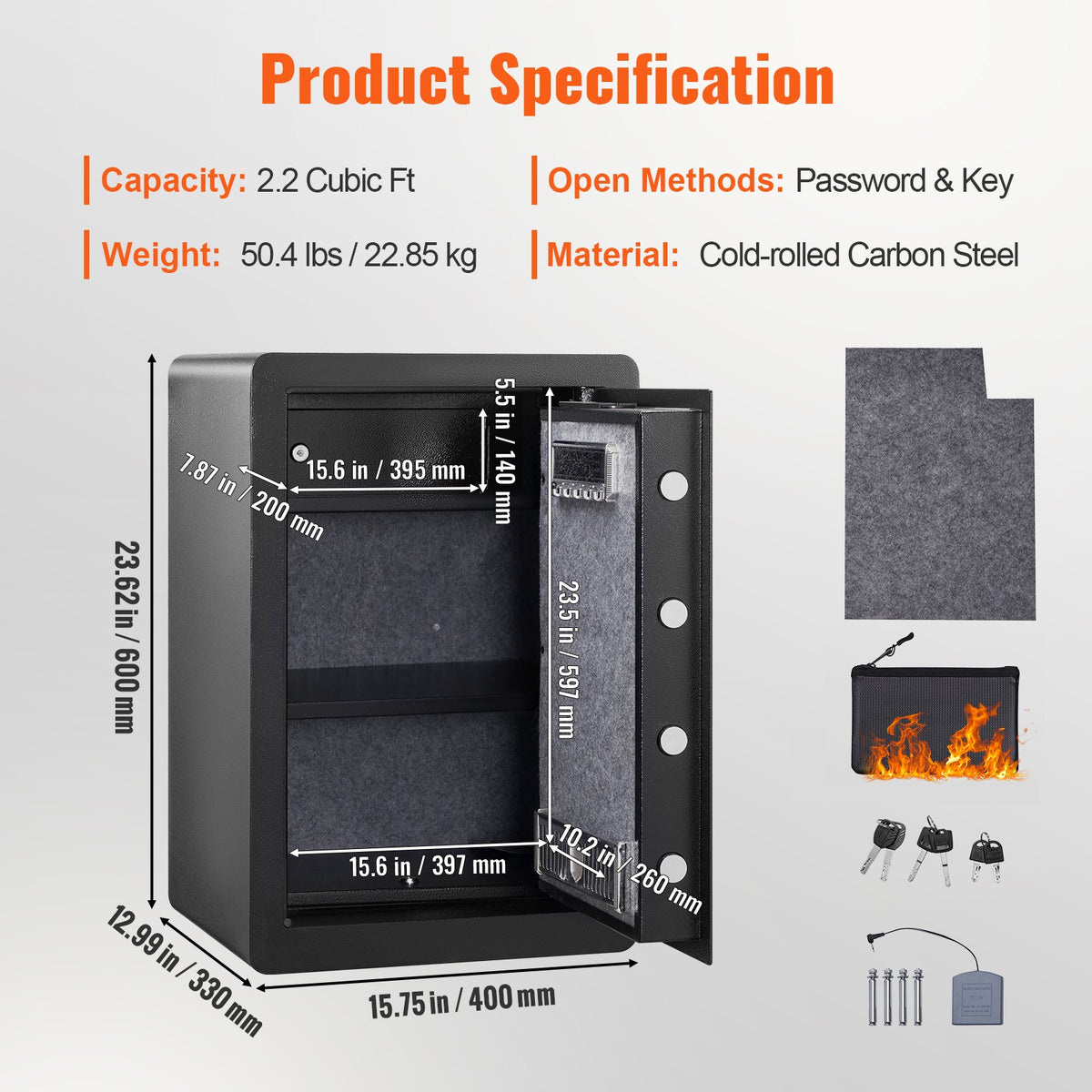 Safe 2.2 Cubic Feet Home Safe Steel for Cash Gold 15.75x13x23.6 inch V952-LSBXXHSLSLF22HXMIV0
