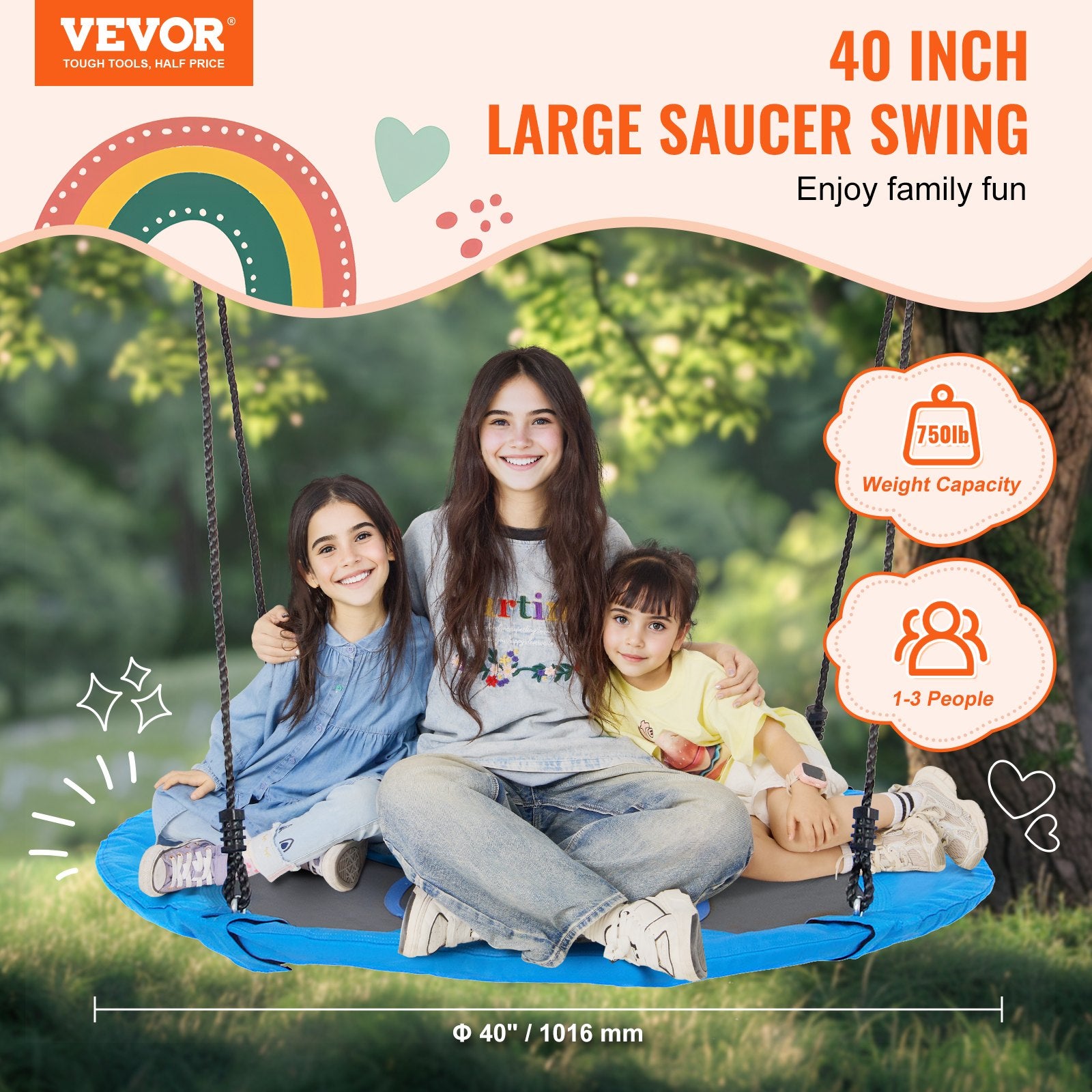 Tree Swing, 40 Inch Saucer Swing, 750lbs Weight Capacity, 900D Oxford Fabric Swing Seat with 2 Tree Hanging V952-LSFDQQLSFD409Q7D1V0