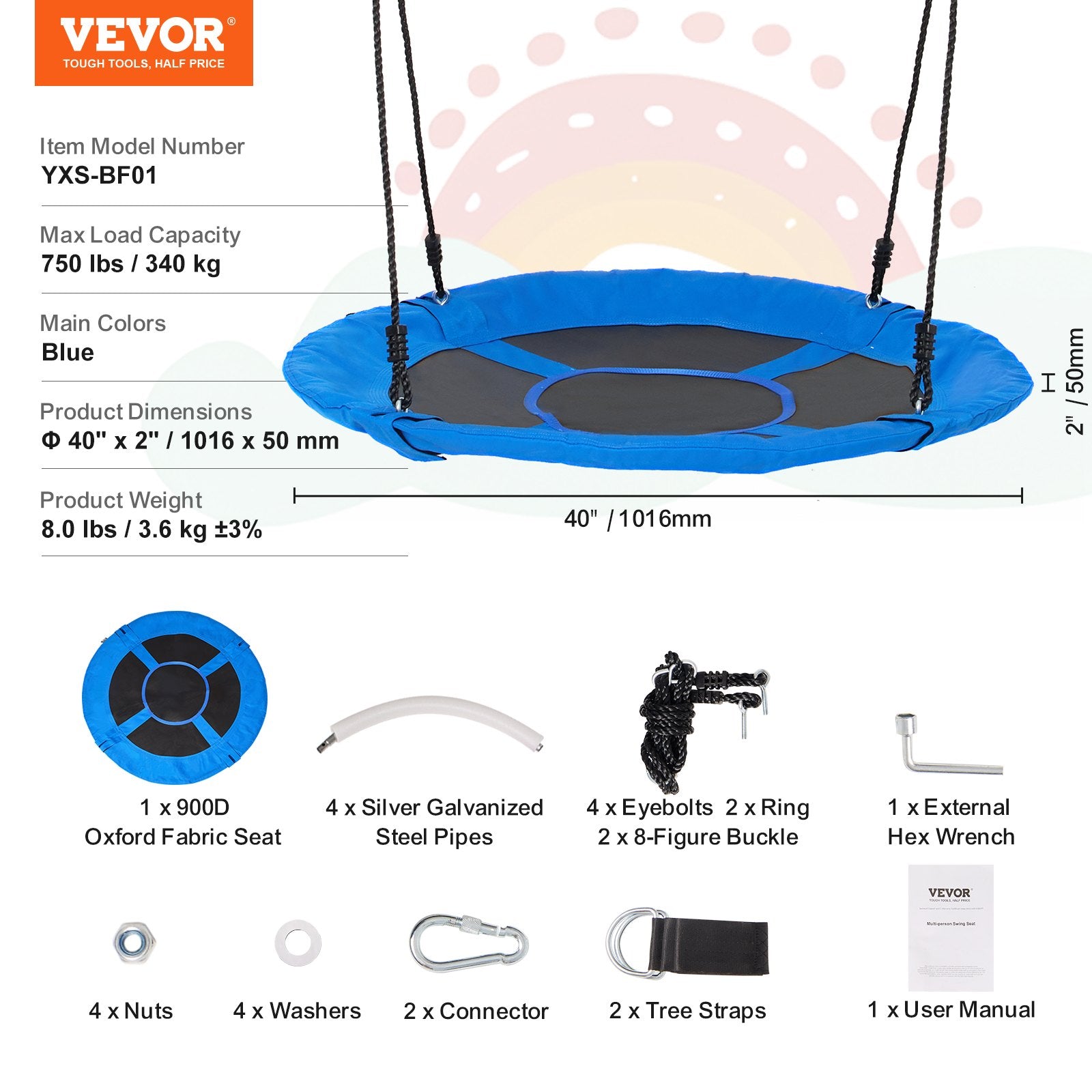 Tree Swing, 40 Inch Saucer Swing, 750lbs Weight Capacity, 900D Oxford Fabric Swing Seat with 2 Tree Hanging V952-LSFDQQLSFD409Q7D1V0