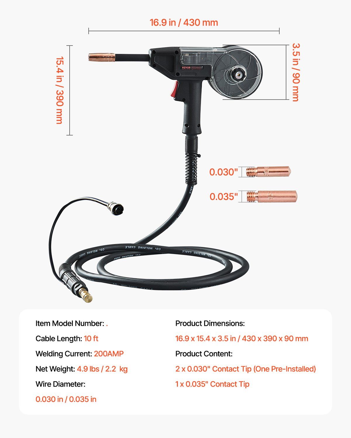 200Amp Spool Gun with 10FT Cable, Compatible with W Weldpro MlG200GDsv200 and MIG155GD Welders, Suitable for V952-LSHQWWELDPRO8KIFXV7
