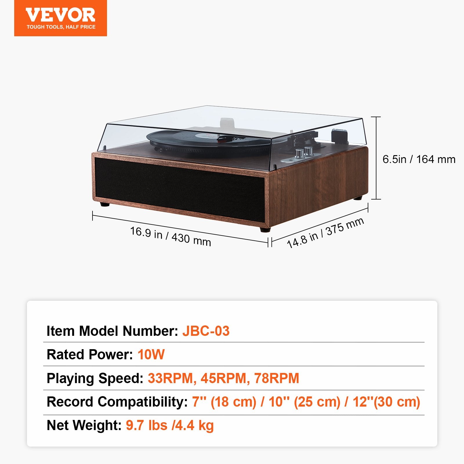 Bluetooth Vinyl Record Player 3-Speed Belt Driven Turntable 10W Speakers V952-LSJ22S000000P01V0V3