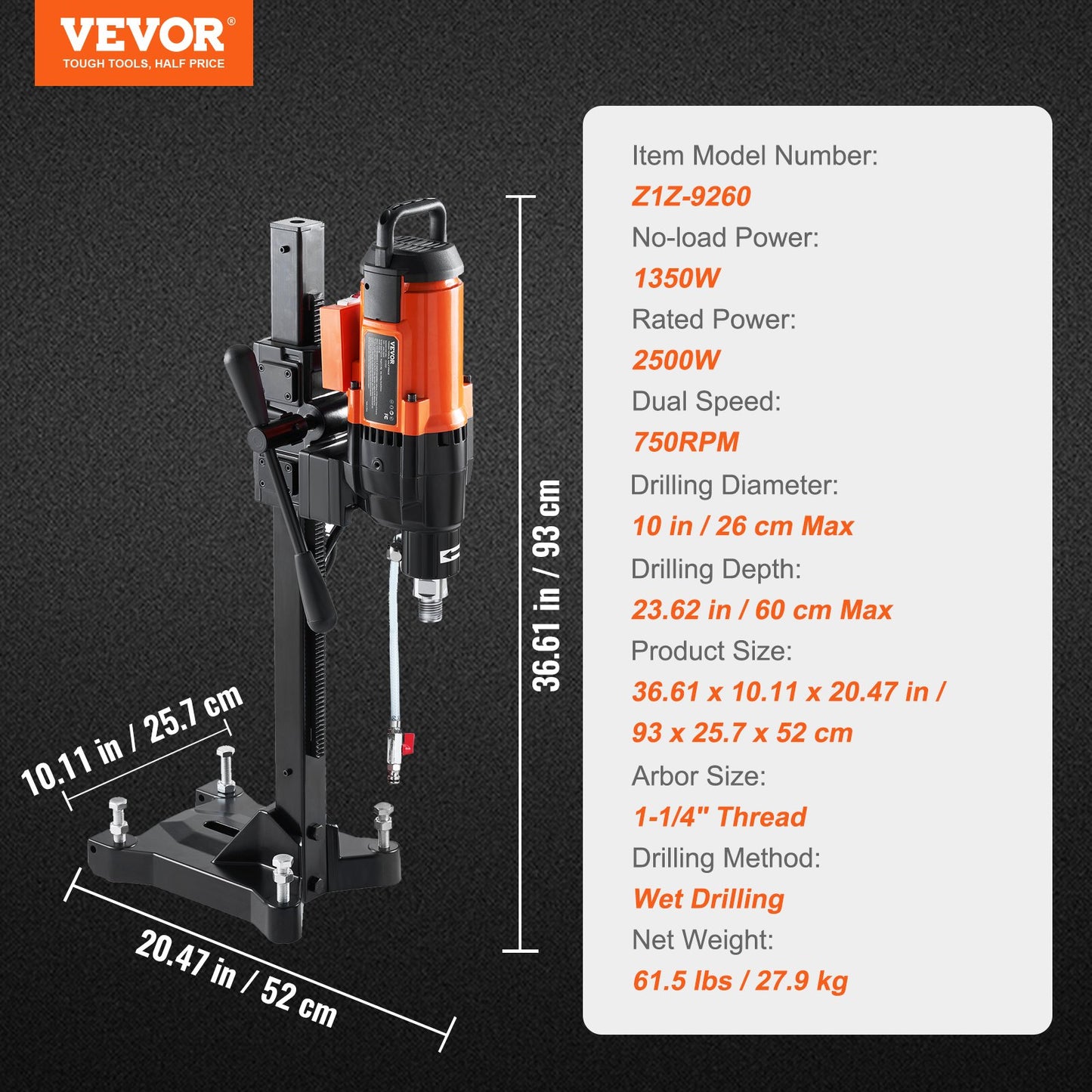 Diamond Core Drilling Machine, 10in Wet Concrete Core Drill Rig with Stand Wheels, 750RPM Speed & 1-1/4" V952-LSJGSZKJYCW104M3IV3