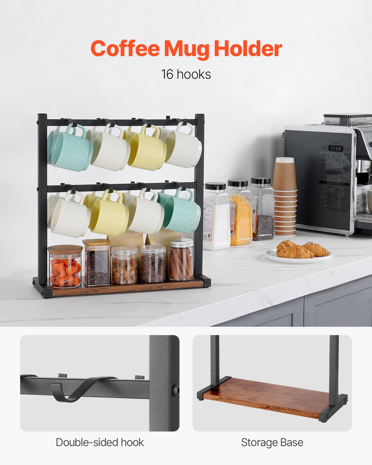 Coffee Mug Holder for Countertop 16 Hooks Cup Rack with Wood Storage Base V952-LSMKBGJFCSMJBDTGZV0