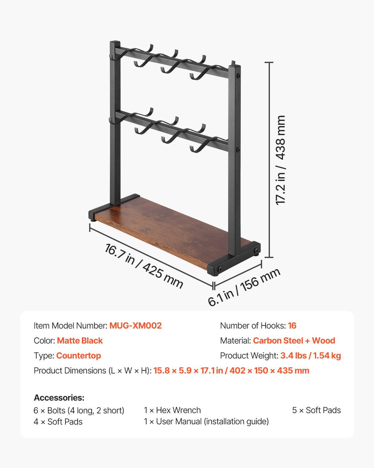 Coffee Mug Holder for Countertop 16 Hooks Cup Rack with Wood Storage Base V952-LSMKBGJFCSMJBDTGZV0