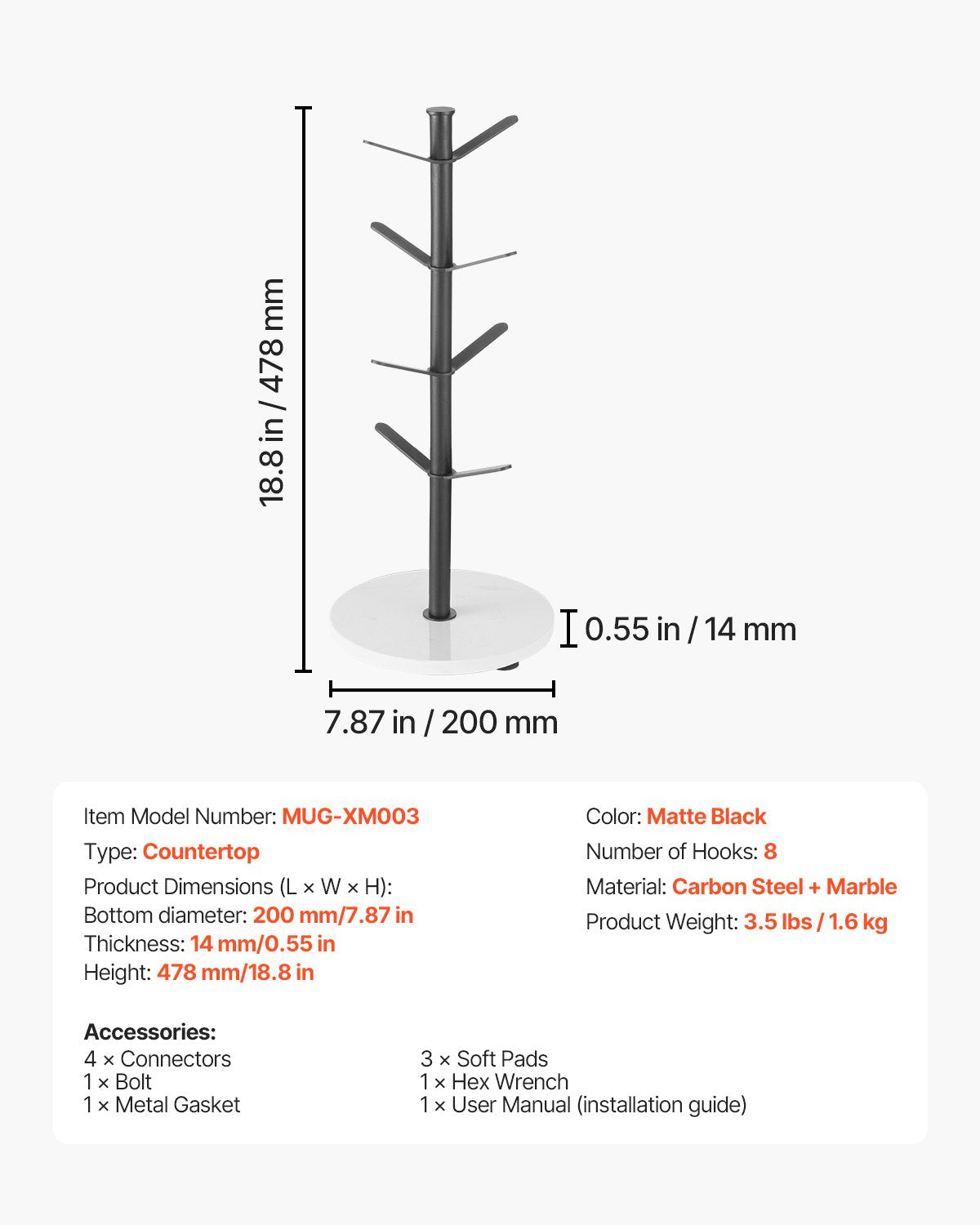 Mug Holder Tree with Marble Base 8 Hooks Cup Tree Rack for Counter Kitchen V952-LSMKBGJZLDLS8DS27V0