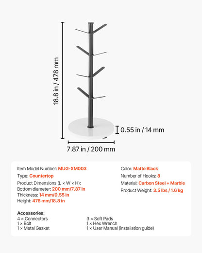 Mug Holder Tree with Marble Base 8 Hooks Cup Tree Rack for Counter Kitchen V952-LSMKBGJZLDLS8DS27V0