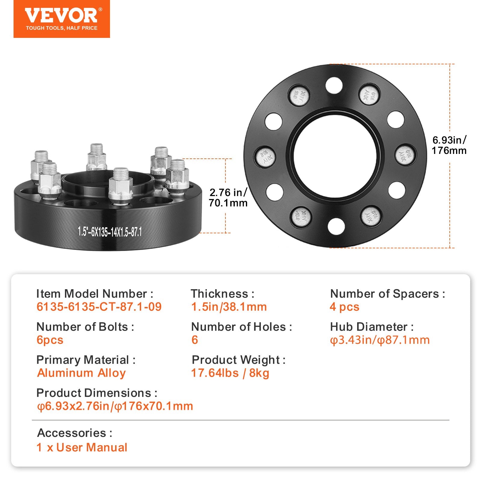 1.5" 6"x5.3" Wheel Spacers Wheel Adapters 6 Lug Forged Spacer 4 PCS Black V952-LSSFLP15YC6X1GP2WV0