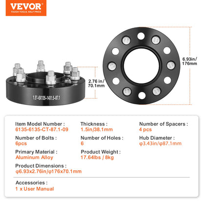 1.5" 6"x5.3" Wheel Spacers Wheel Adapters 6 Lug Forged Spacer 4 PCS Black V952-LSSFLP15YC6X1GP2WV0