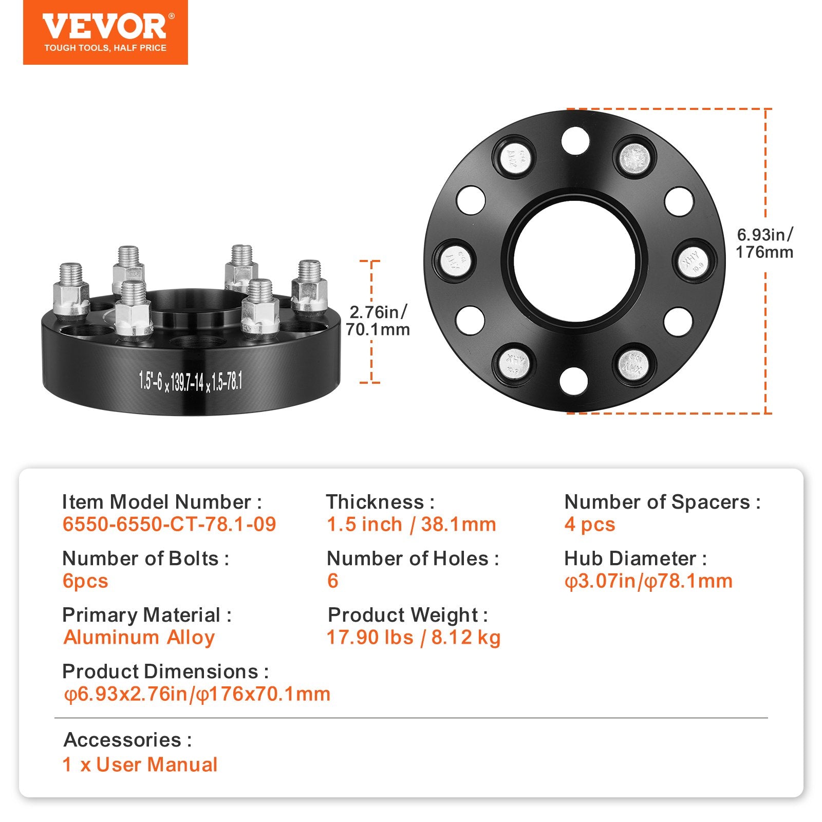 1.5" 6"x5" Wheel Spacers Wheel Adapters 6 Lug Forged Spacer 4 PCS Black V952-LSSFLP15YC6X49EWWV0