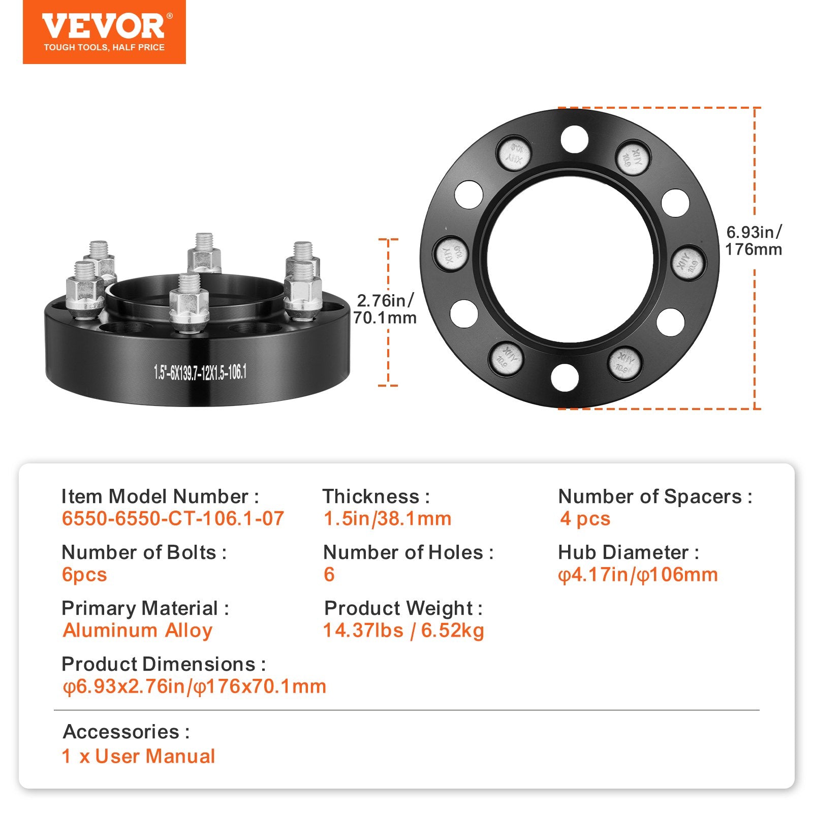 1.5" 6"x5.5" Wheel Spacers Wheel Adapters 6 Lug Forged Spacer 4 PCS Black V952-LSSFLP15YC6XNE9HPV0