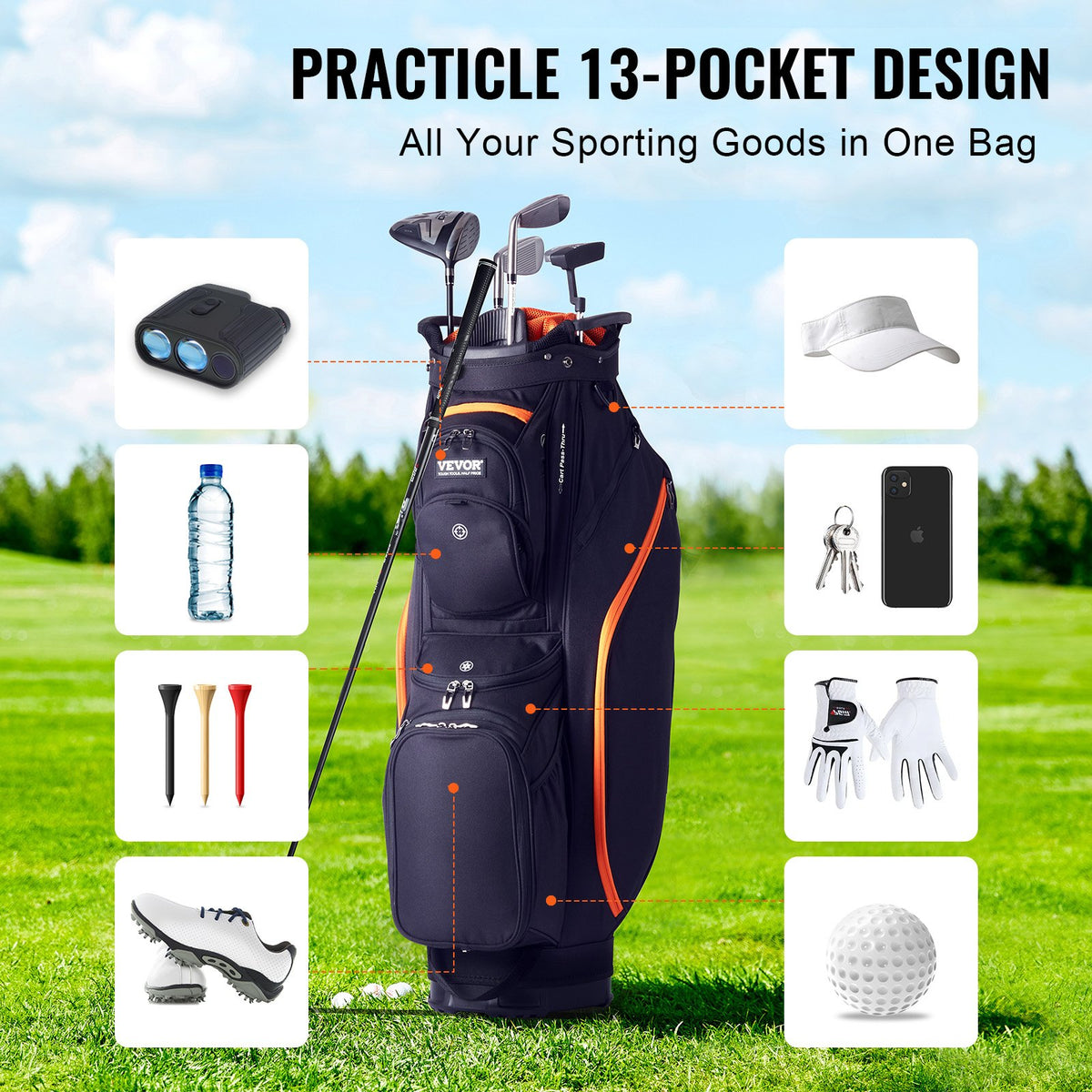 Golf Cart Bag with 14 Way Organizer Divider Top, 36" 13 Pockets Premium Cart Bag, Durable 600D Polyester V952-LSSTBLSSTB36441FQV0