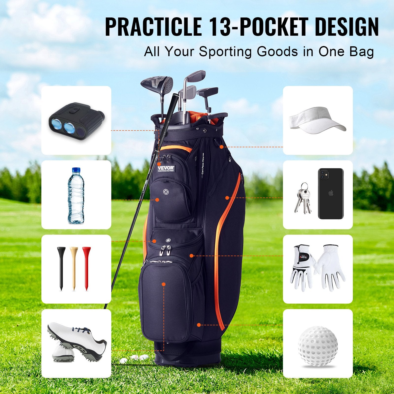 Golf Cart Bag with 14 Way Organizer Divider Top, 36" 13 Pockets Premium Cart Bag, Durable 600D Polyester V952-LSSTBLSSTB36441FQV0