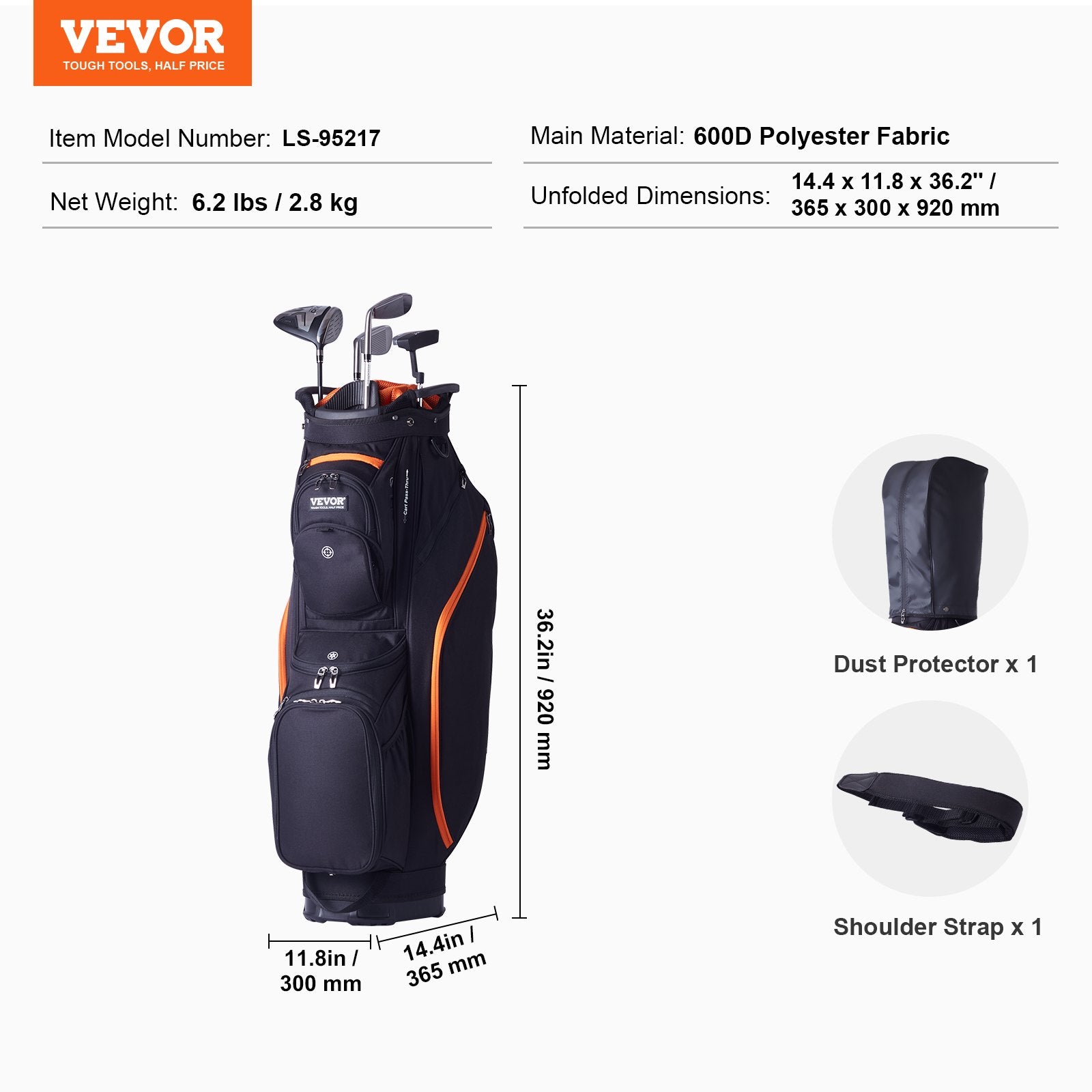 Golf Cart Bag with 14 Way Organizer Divider Top, 36" 13 Pockets Premium Cart Bag, Durable 600D Polyester V952-LSSTBLSSTB36441FQV0