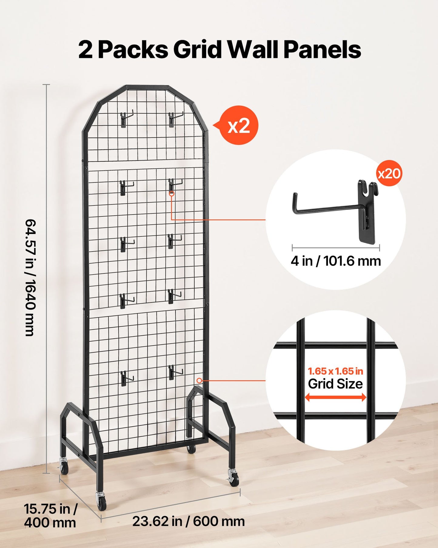 2 Packs Grid Wall Panels, 600 x 1640mm Wire Grid Panels Display Rack, Movable Art Display Shelf with Wheels V952-LSWGQ6070INC4OEUO001V0
