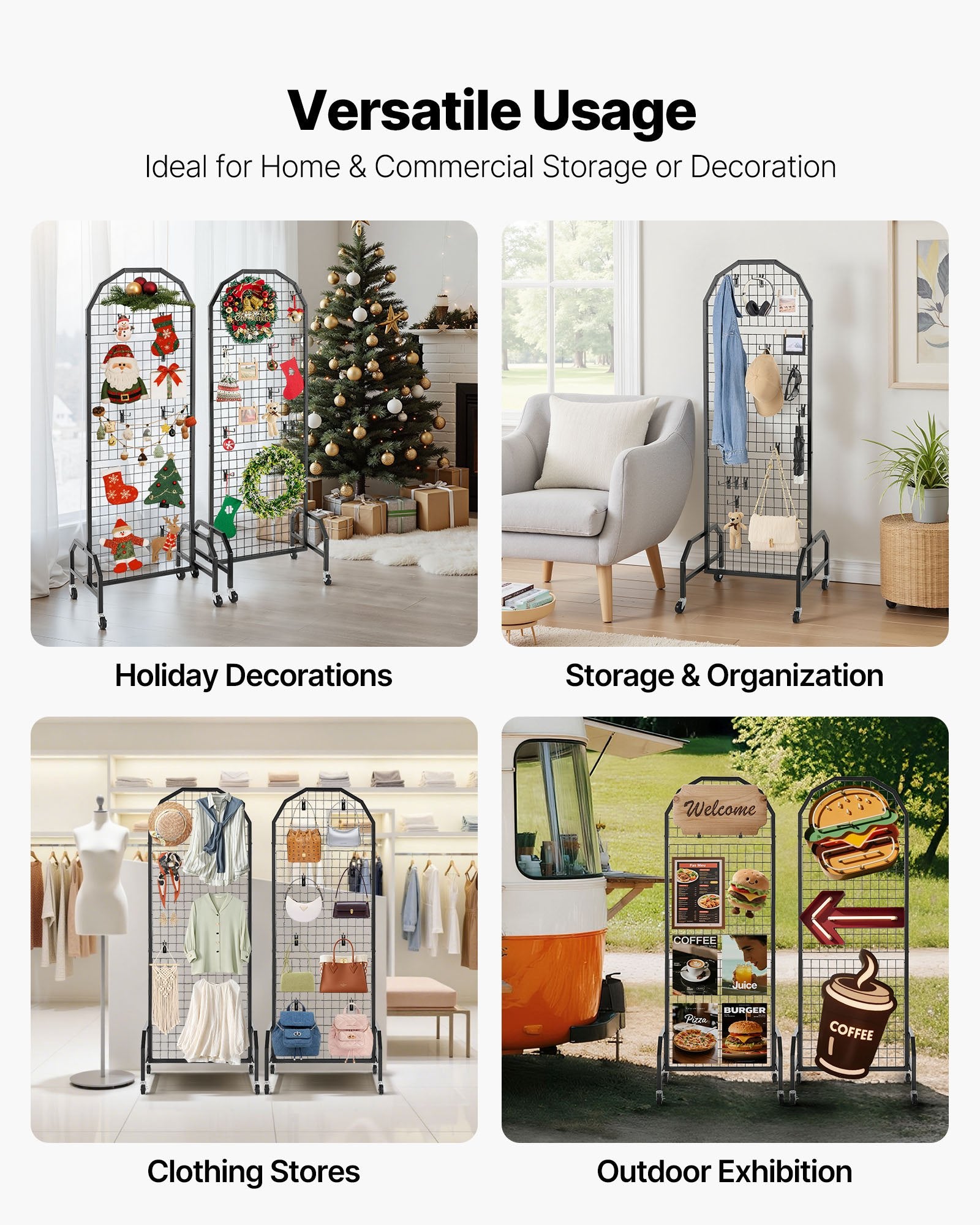 2 Packs Grid Wall Panels, 600 x 1640mm Wire Grid Panels Display Rack, Movable Art Display Shelf with Wheels V952-LSWGQ6070INC4OEUO001V0