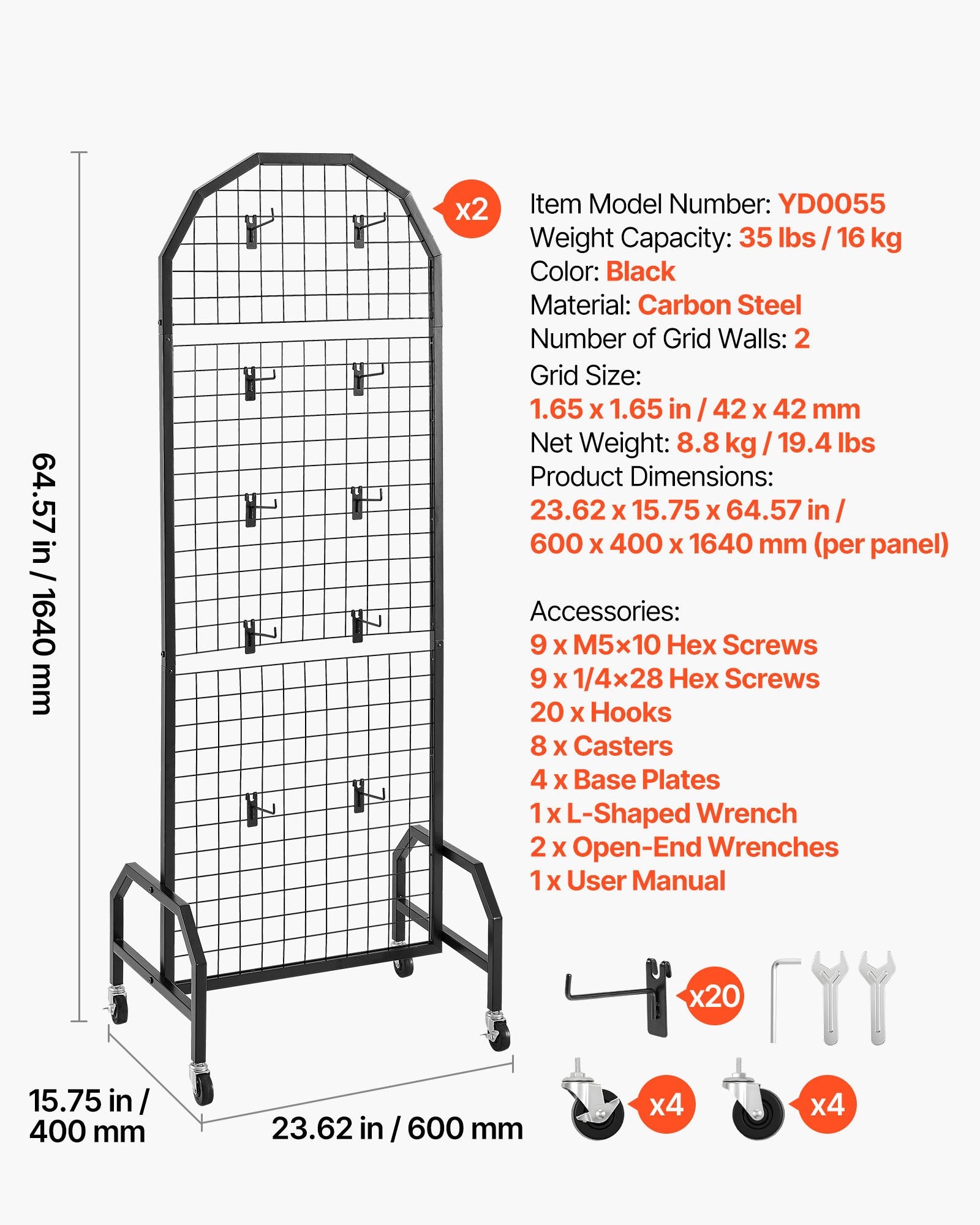 2 Packs Grid Wall Panels, 600 x 1640mm Wire Grid Panels Display Rack, Movable Art Display Shelf with Wheels V952-LSWGQ6070INC4OEUO001V0