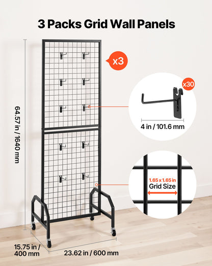 3 Packs Grid Wall Panels, 600 x 1640mm Wire Grid Panels Display Rack, Movable Art Display Shelf with Wheels V952-LSWGQ6070INC9Q86I001V0