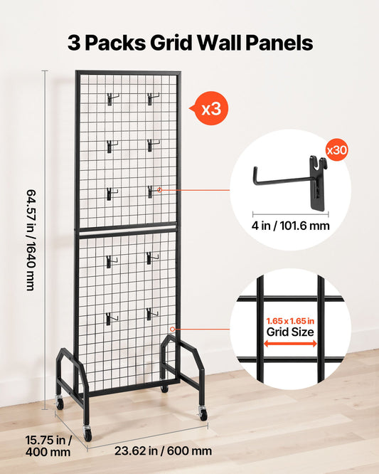 3 Packs Grid Wall Panels, 600 x 1640mm Wire Grid Panels Display Rack, Movable Art Display Shelf with Wheels V952-LSWGQ6070INC9Q86I001V0