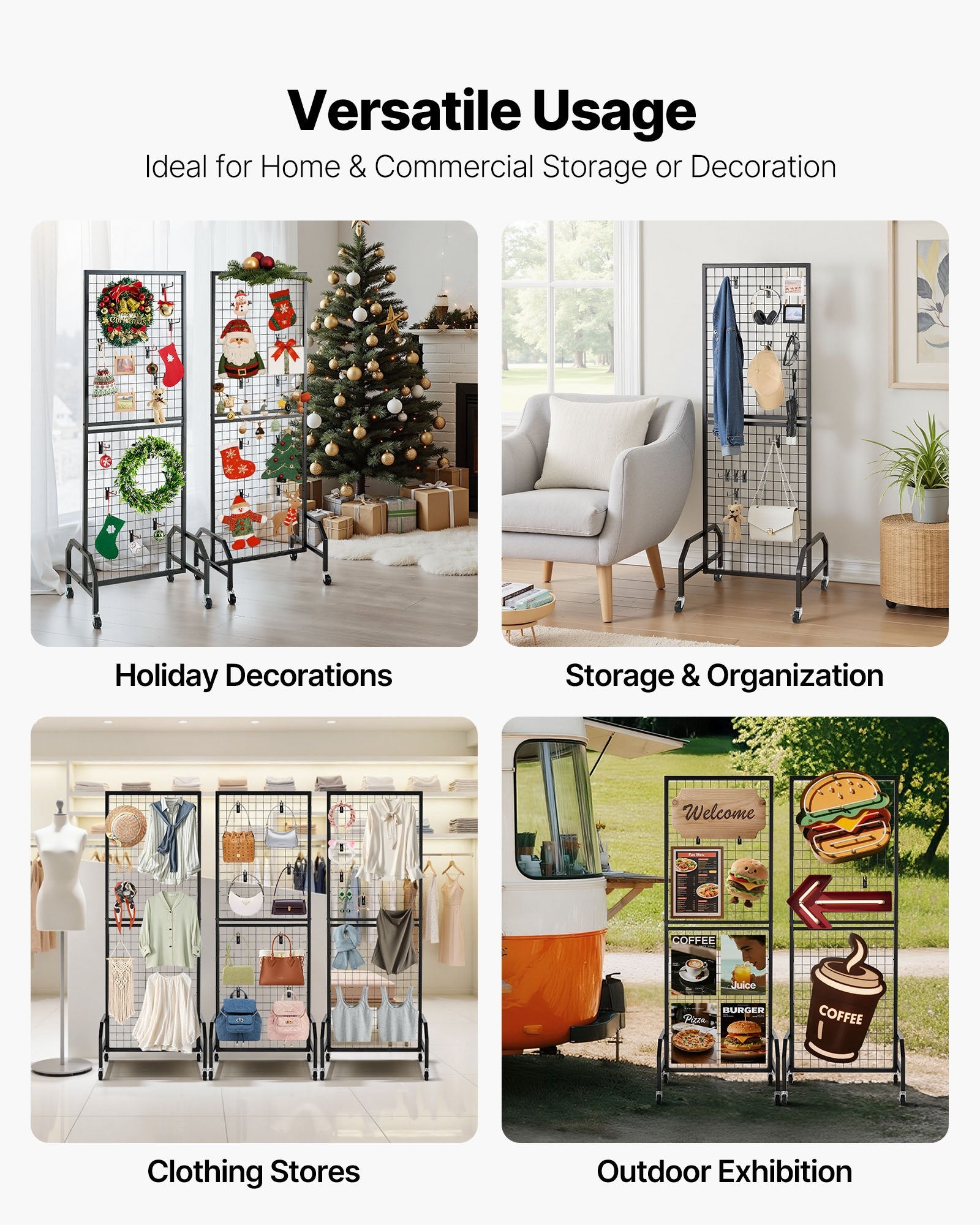 3 Packs Grid Wall Panels, 600 x 1640mm Wire Grid Panels Display Rack, Movable Art Display Shelf with Wheels V952-LSWGQ6070INC9Q86I001V0