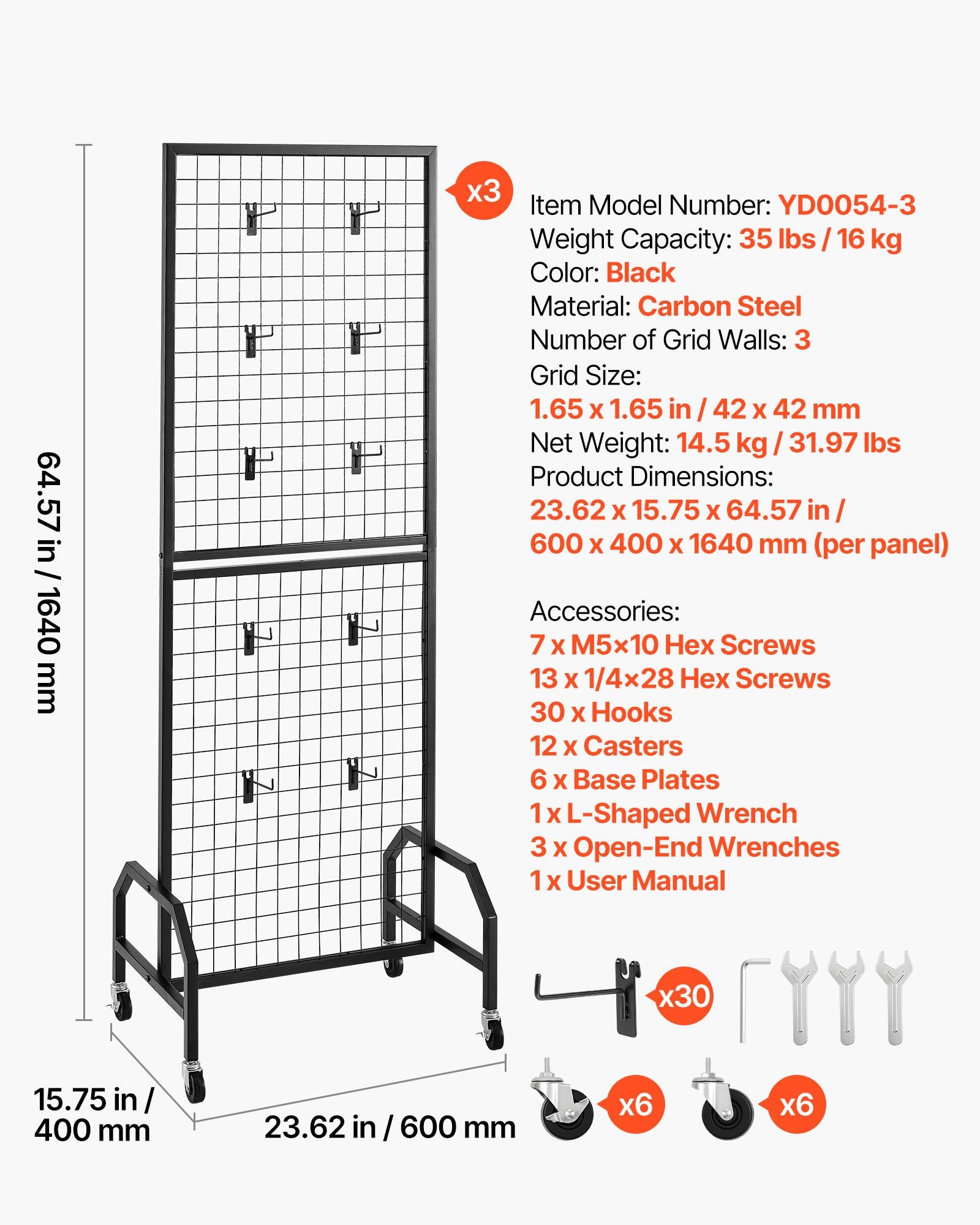 3 Packs Grid Wall Panels, 600 x 1640mm Wire Grid Panels Display Rack, Movable Art Display Shelf with Wheels V952-LSWGQ6070INC9Q86I001V0