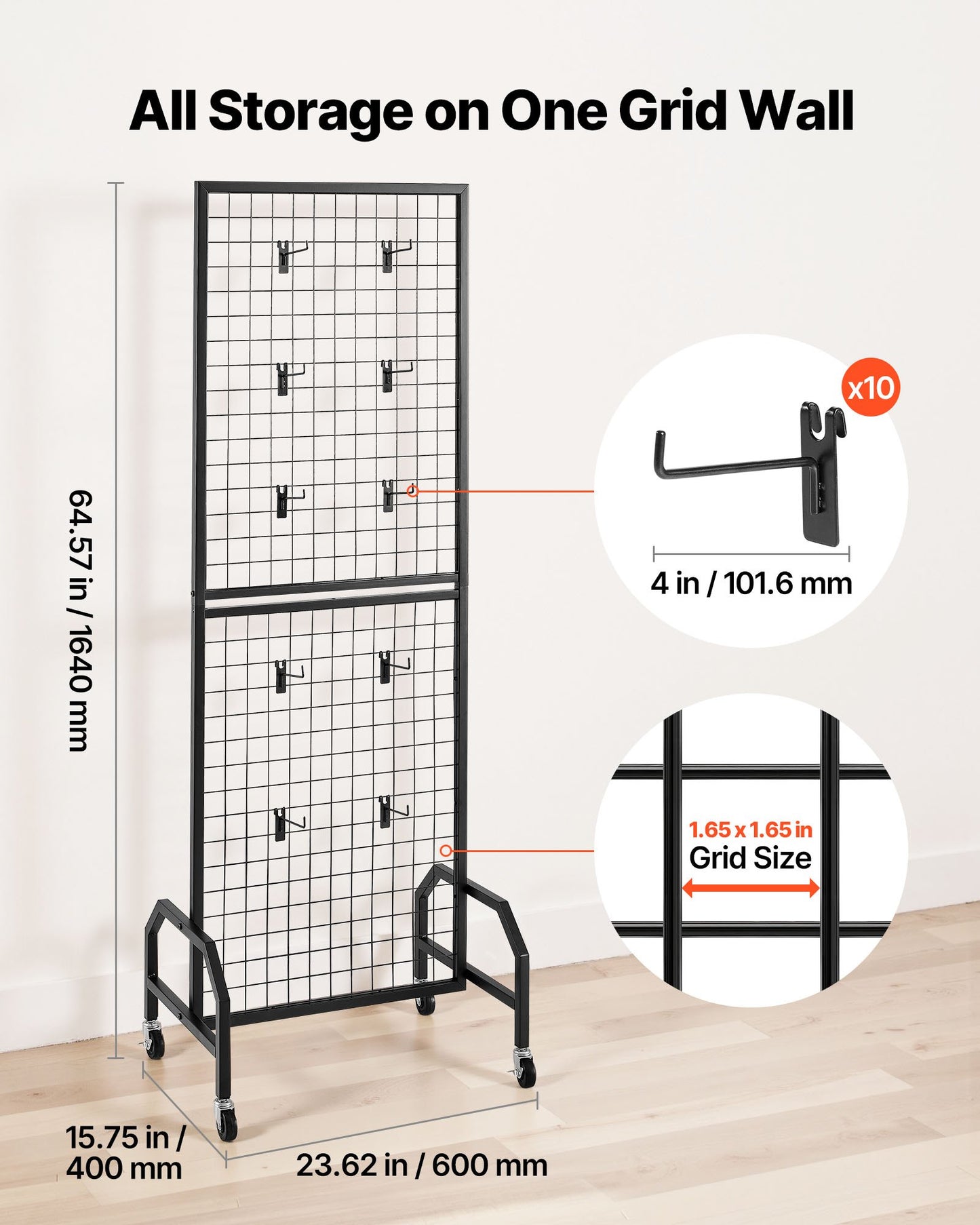 Grid Wall Panel, 600 x 1640 mm Wire Grid Panels Display Rack, Movable Art Display Shelf with Wheels and 10 V952-LSWGQ6070INCBK7NM001V0