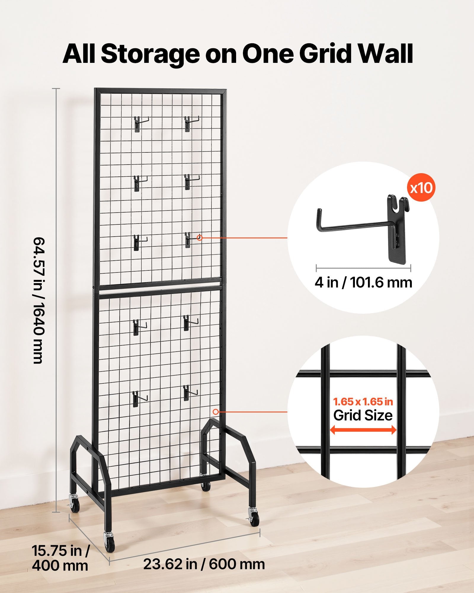 Grid Wall Panel, 600 x 1640 mm Wire Grid Panels Display Rack, Movable Art Display Shelf with Wheels and 10 V952-LSWGQ6070INCBK7NM001V0