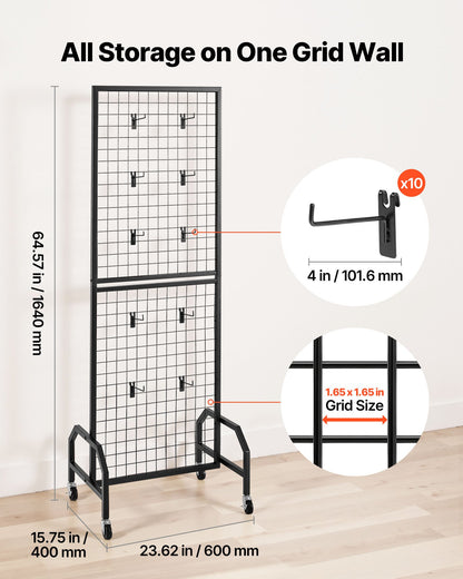 Grid Wall Panel, 600 x 1640 mm Wire Grid Panels Display Rack, Movable Art Display Shelf with Wheels and 10 V952-LSWGQ6070INCBK7NM001V0
