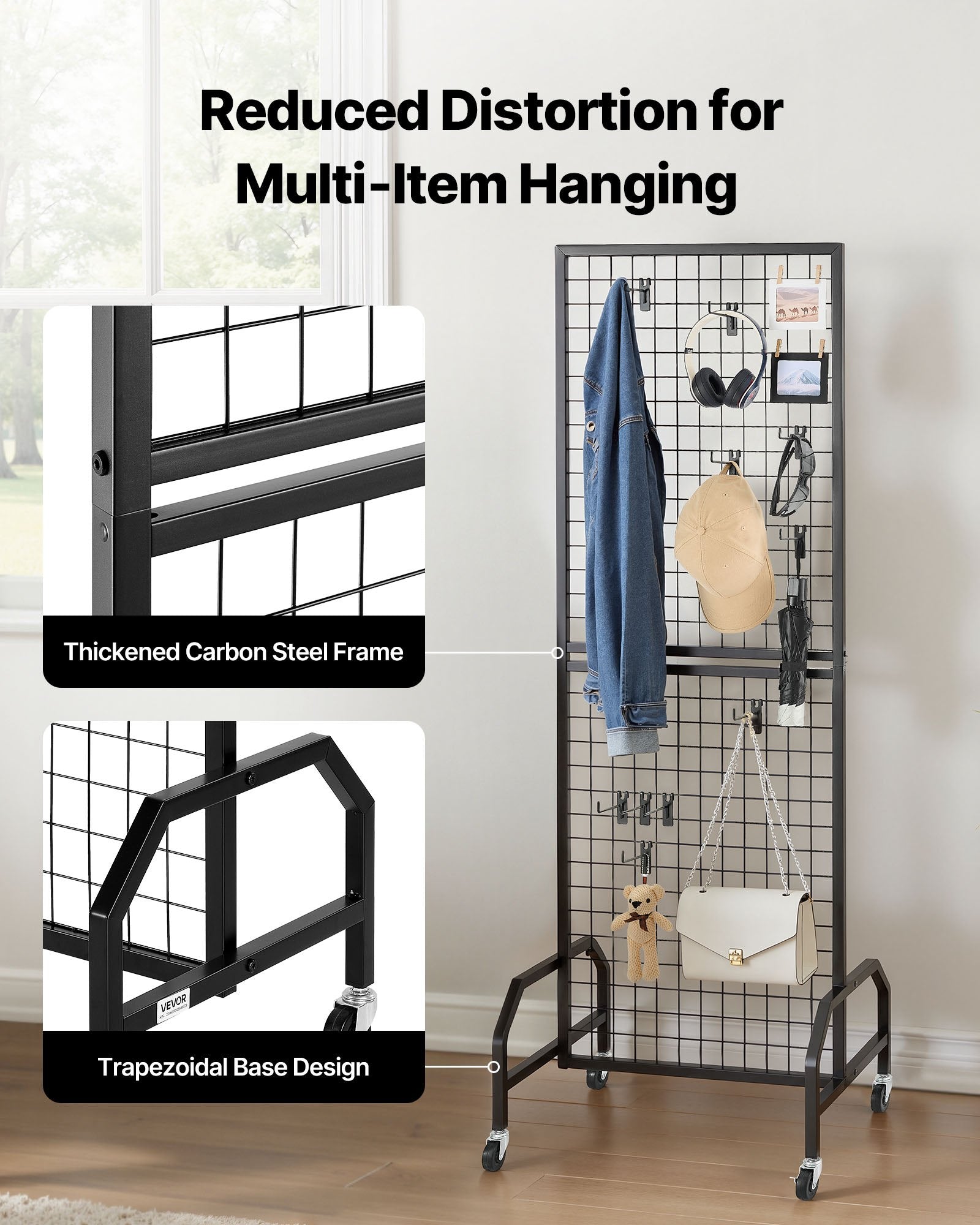 Grid Wall Panel, 600 x 1640 mm Wire Grid Panels Display Rack, Movable Art Display Shelf with Wheels and 10 V952-LSWGQ6070INCBK7NM001V0