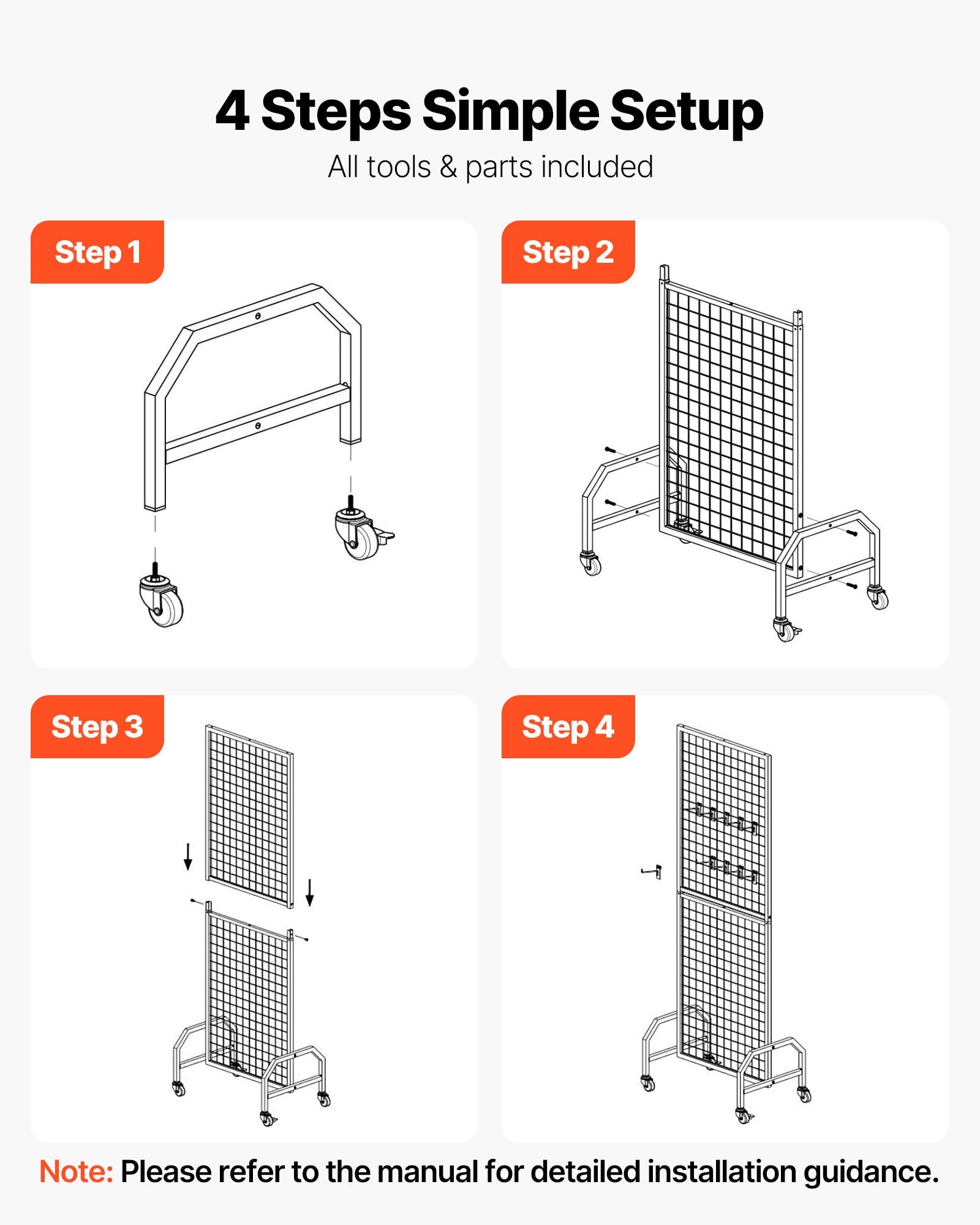 Grid Wall Panel, 600 x 1640 mm Wire Grid Panels Display Rack, Movable Art Display Shelf with Wheels and 10 V952-LSWGQ6070INCBK7NM001V0
