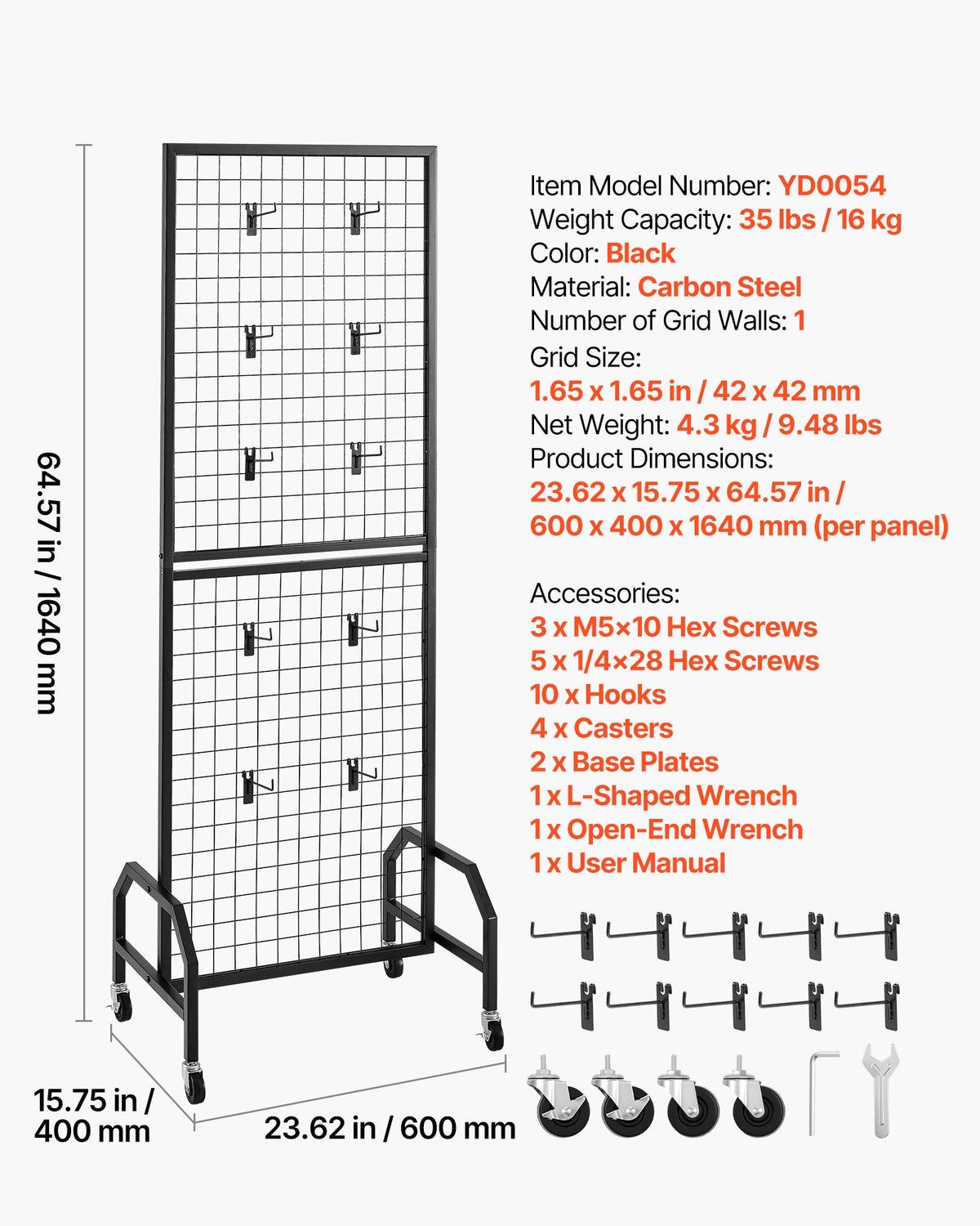 Grid Wall Panel, 600 x 1640 mm Wire Grid Panels Display Rack, Movable Art Display Shelf with Wheels and 10 V952-LSWGQ6070INCBK7NM001V0