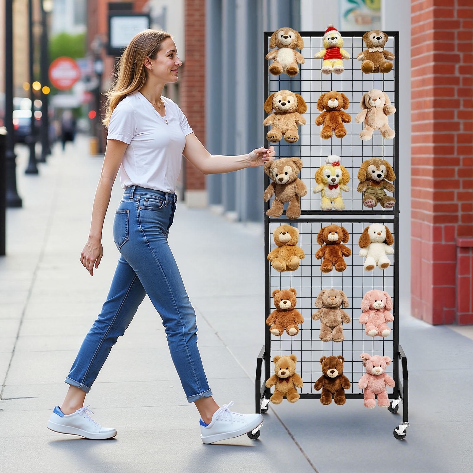 Grid Wall Panel, 600 x 1640 mm Wire Grid Panels Display Rack, Movable Art Display Shelf with Wheels and 10 V952-LSWGQ6070INCBK7NM001V0
