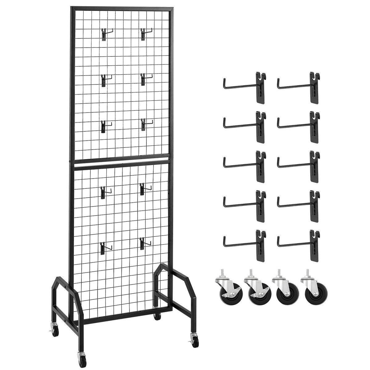 Grid Wall Panel, 600 x 1640 mm Wire Grid Panels Display Rack, Movable Art Display Shelf with Wheels and 10 V952-LSWGQ6070INCBK7NM001V0